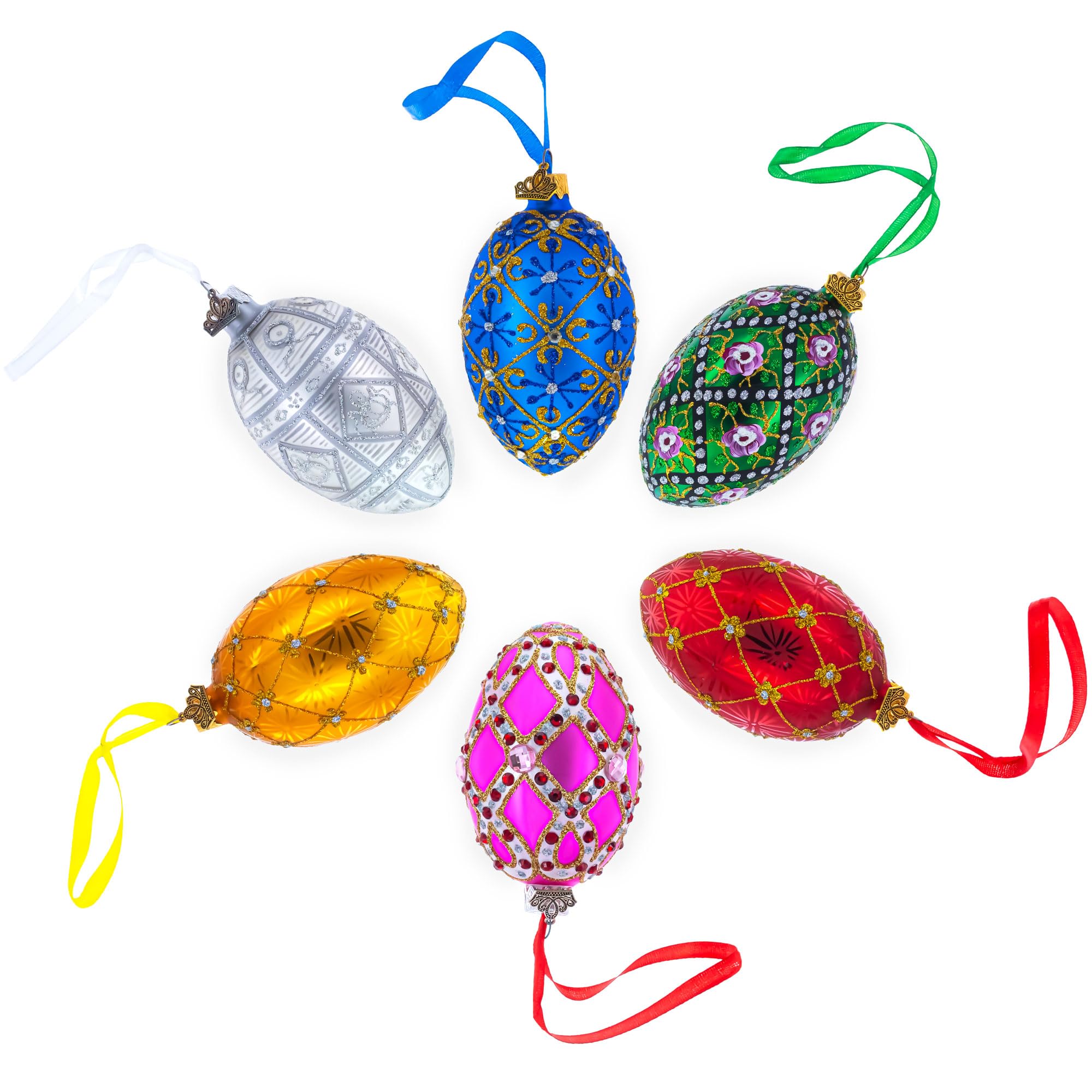 Adorno de Navidad de Huevo de Vidrio Rojo y Blanco con Celosía de Oro Engastado de 4 Pulgadas.