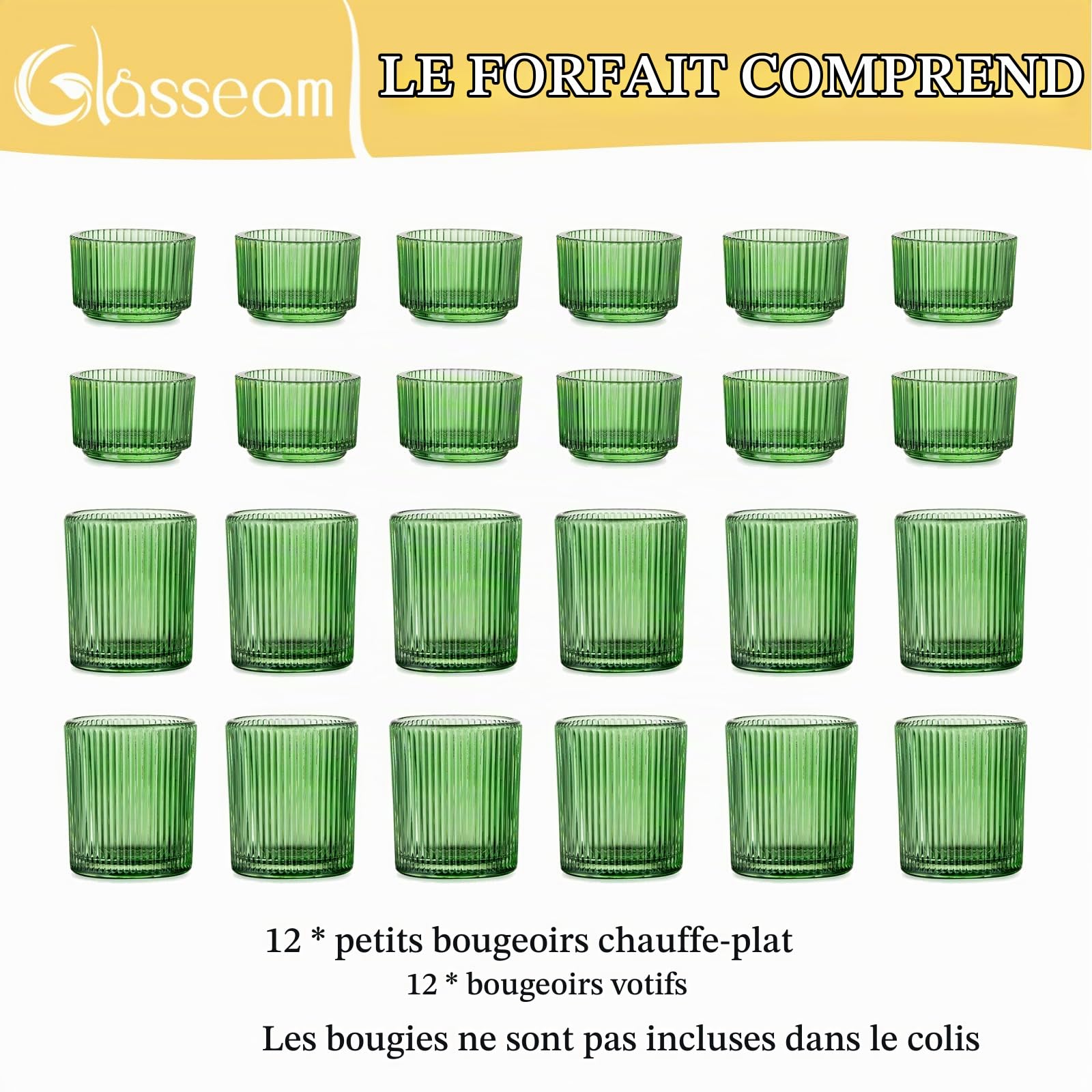 Glasseam Lot de 24 bougeoirs en verre vert nervuré en vrac, petits bougeoirs de Noël pour le salon, bougeoir vintage pour centre de table de mariage, fête