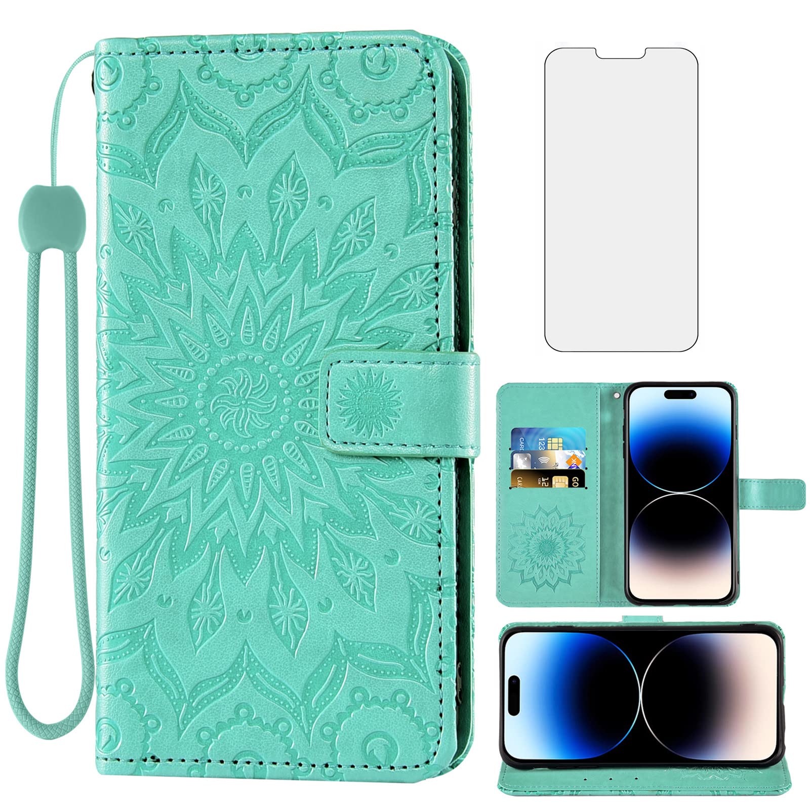 Phone Case for iPhone 14 Pro Max 6.7 inch Wallet with Tempered Glass Screen Protector and Leather Slim Flip Cover Card Holder Stand iPhone14promax 5G i Phone14Max Plus iPhone14 ProMax Women Green