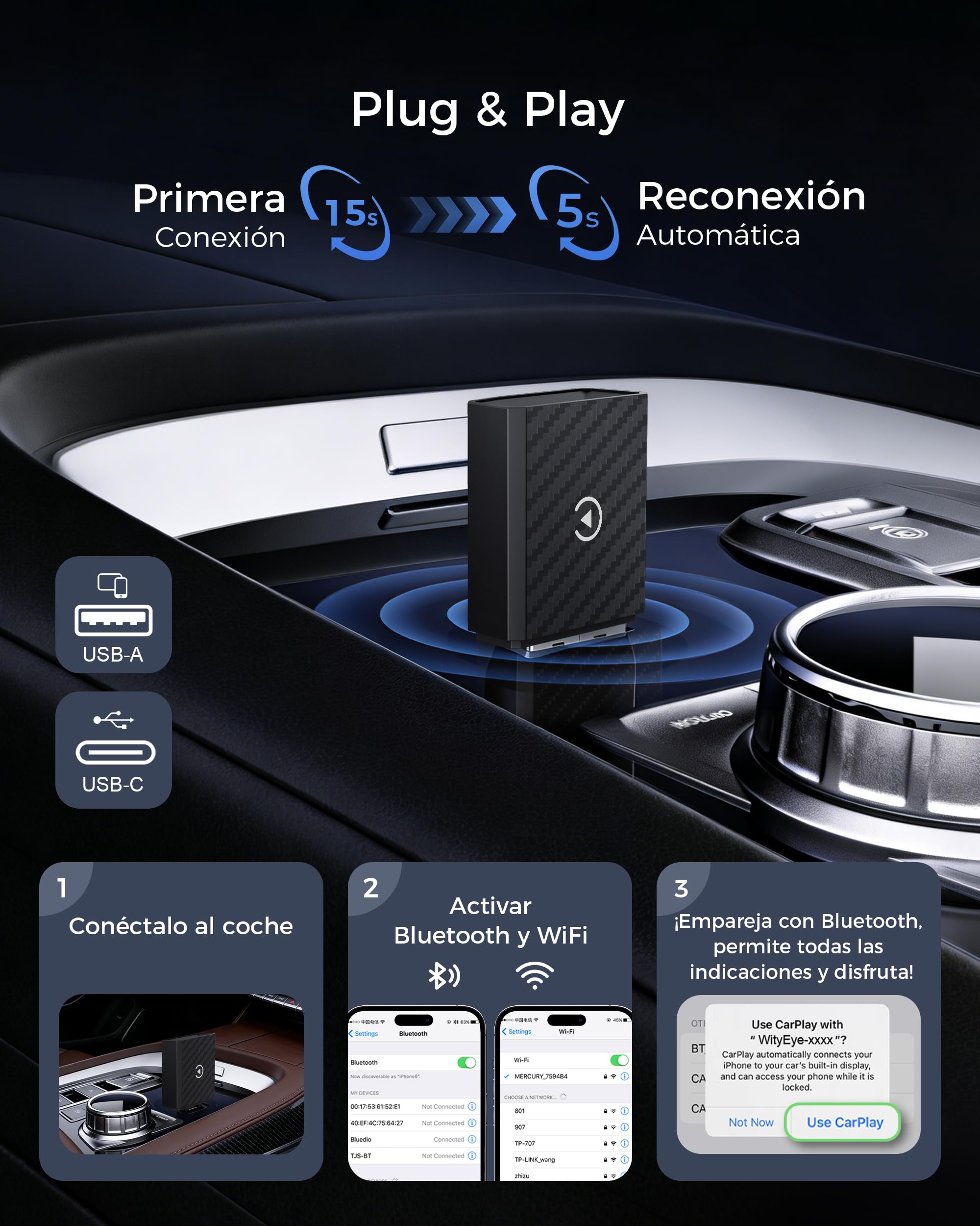 【2026 Mejorada】 Adaptador CarPlay Inalámbrico, Bluetooth V5.4 Conexión Estable, WiFi 6 de Doble Banda de Alta Velocidad, USB A/C, para Apple iPhone iOS 10+, Negro