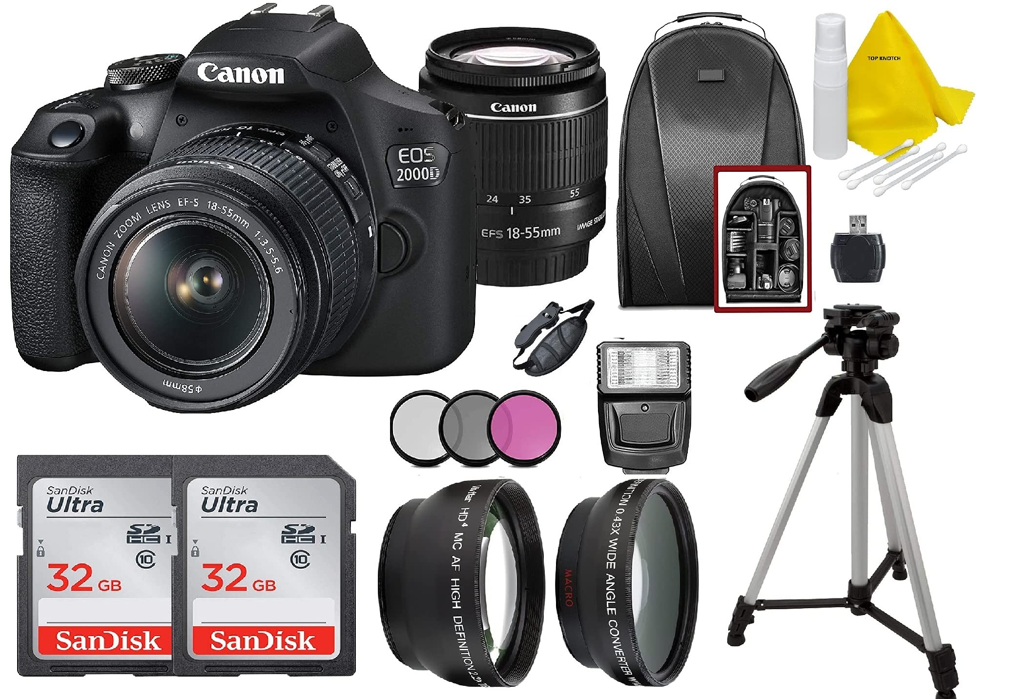 Ultimate Deals Canon EOS 2000D / Rebel T7 DSLR Camera with EF-S 18-55mm Zoom Lens + 2X SanDisk 32GB Memory Card + Tripod + Case + Wideangle Lenses + Top Knotch Bundle