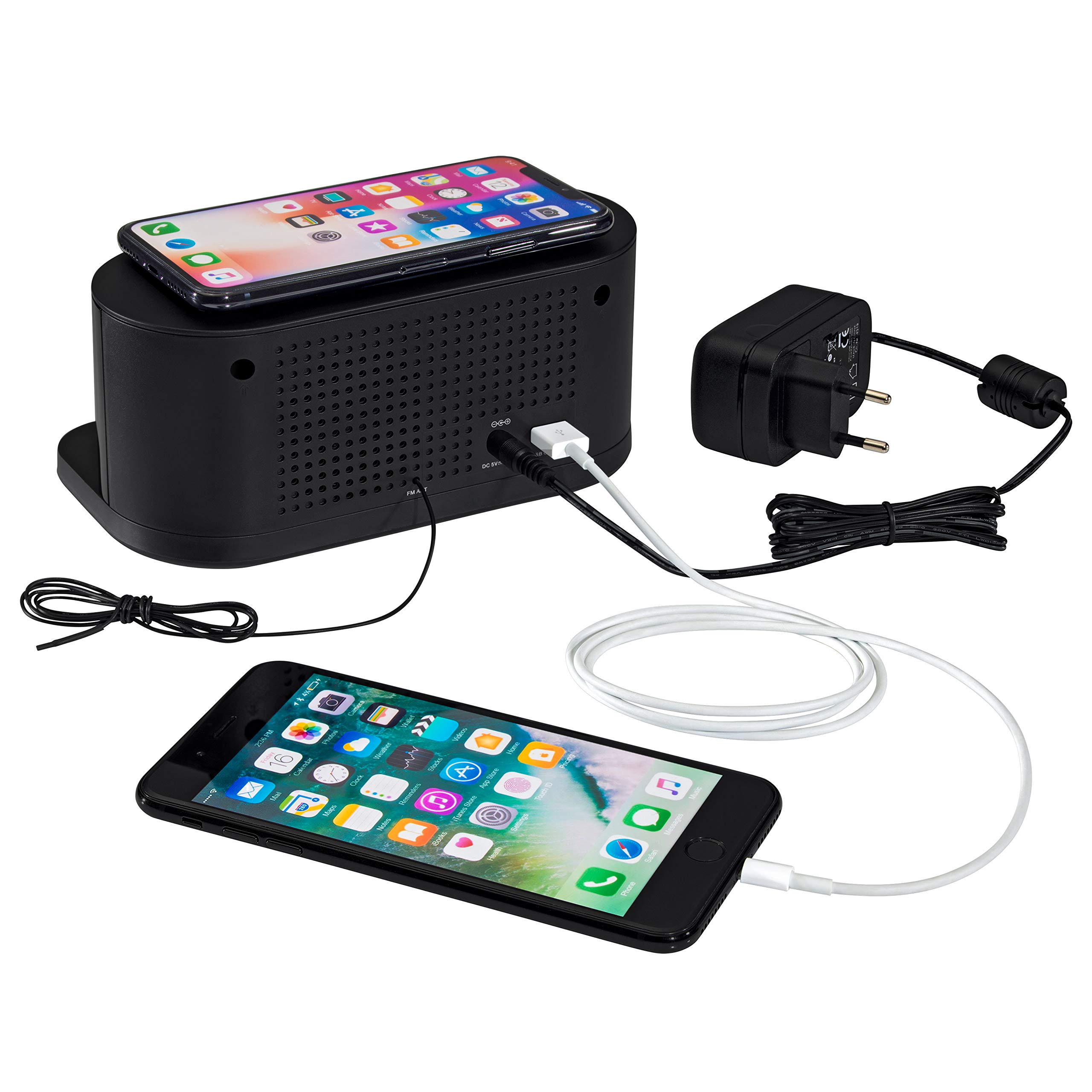 PEDEA FM Radiowecker mit induktiver QI-Ladefunktion und dimmbarem Display, Snooze, Dual Alarm und Sleep-Timer, schwarz