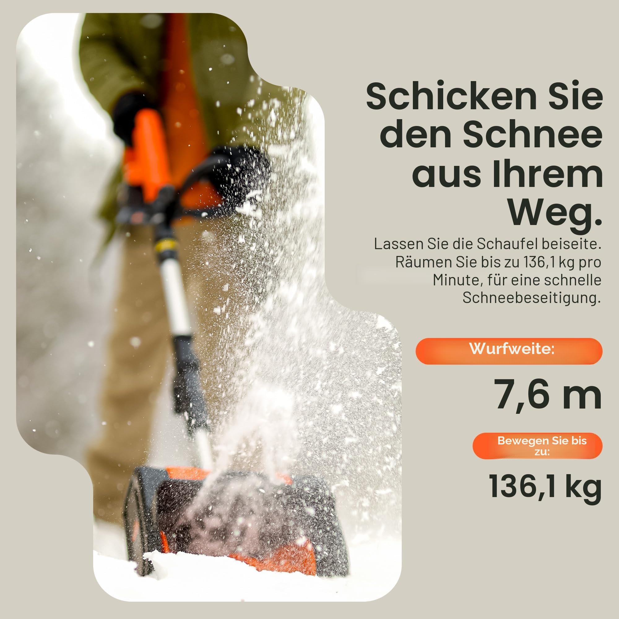 SuperHandy Kabellose Schneeschaufel, 20 V, 2 Ah, elektrischer Schneewerfer – leicht, 25,4 x 12,7 cm Räumweg, 7,6 m Wurfweite, 136 kg/min Schneekapazität (2024)