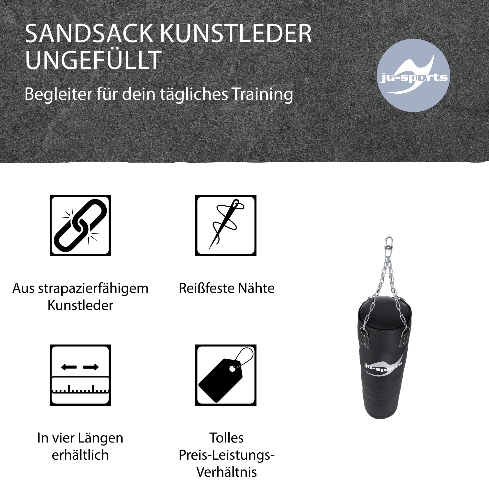 Ju-Sports Boxsack hängend Ø 35cm I Sandsack Kunstleder ungefüllt für das Box Training I Sehr stabil mit Kette + Drehwirbel, Kette verdreht Sich Nicht