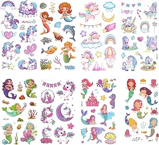 20 Sheets Cartoon Temporary Tattoos, Cute Temporary Tattoos Include Glitter Unicorn Tattoos Mermaid Tattoos Cartoon Tattoos for Girls and Boys Party Supplies and Birthday Gift