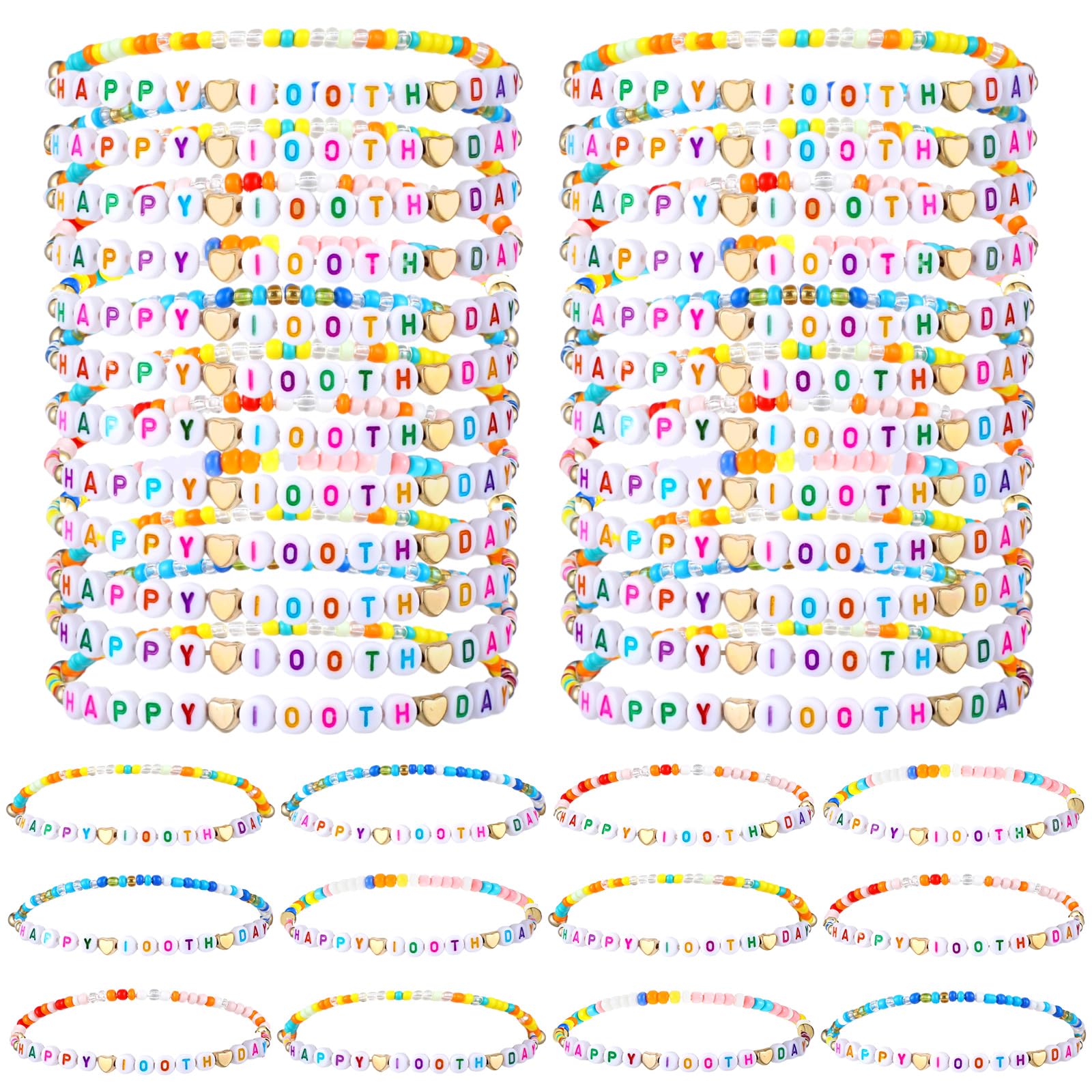 Ecation 96 Pcs Happy 100th Day Beaded Friendship Bracelets Bulk 100th Day Stretch Y2k Colorful Bracelets Cute Adjustable Jewelry for Teacher Party Gifts