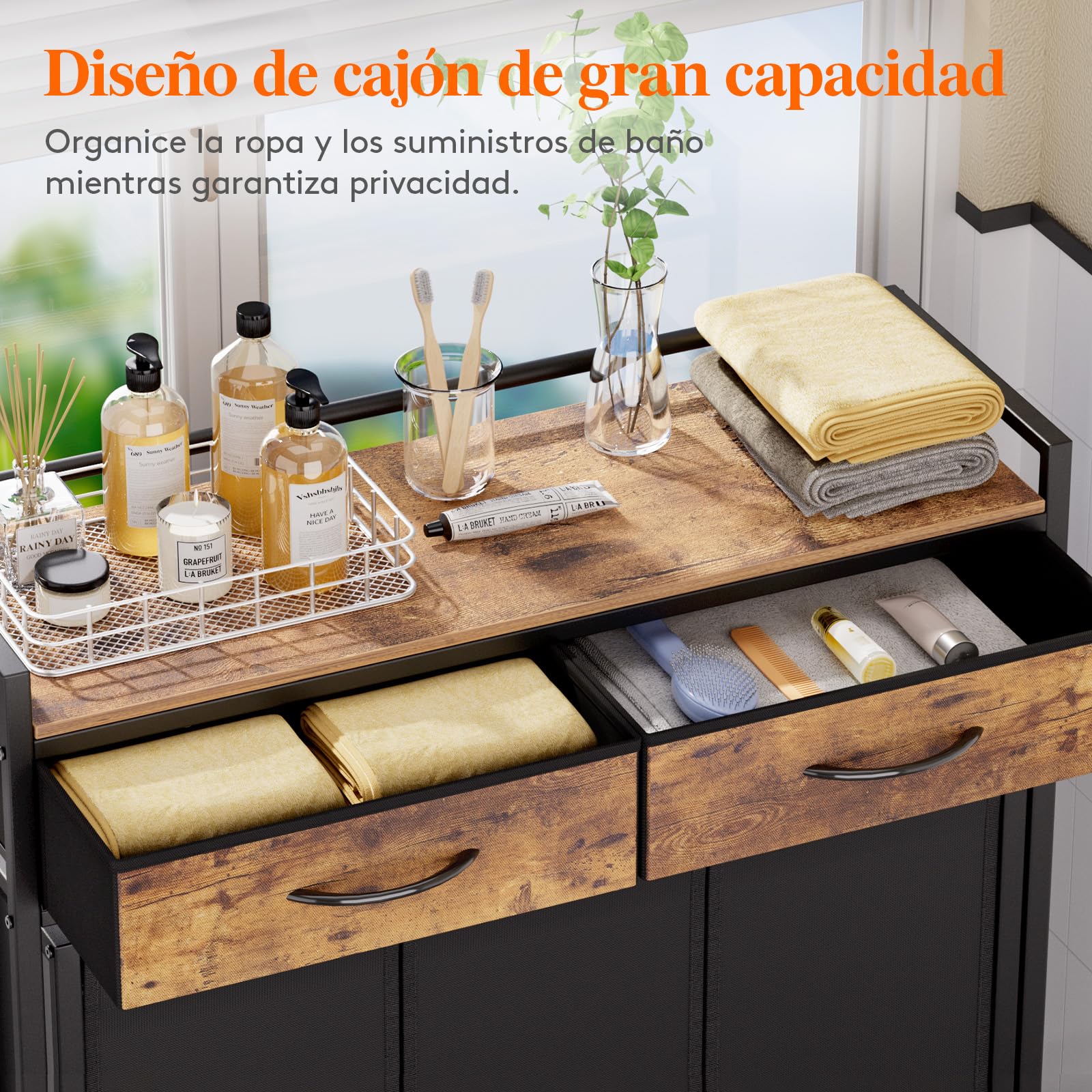 Lifewit Cesto Ropa Sucia con 3 Compartimentos, Grande Laundry Basket 135L con Estantes y 2 Cajones, Almacenamiento de Cesta con Ruedas y Bolsa Extraíble para Baño Lavandería, Marrón Rústico y Negro
