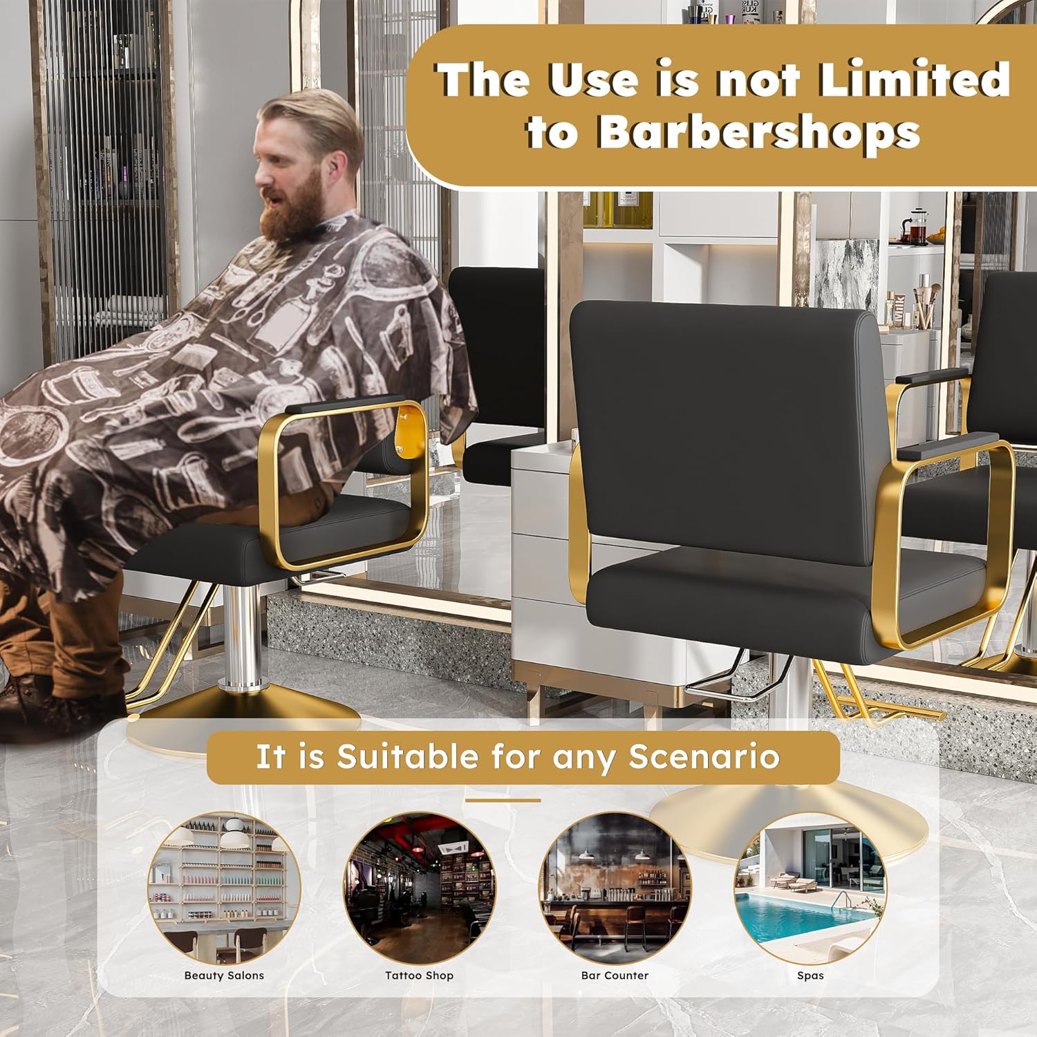 Barber Salon Chair, 360° Rotation Height Adjustable Barber Stylist Hair Chair with Hydraulic Pump, Hairdressing Chair for Barbershop & Beauty Spa(Black+Gold)