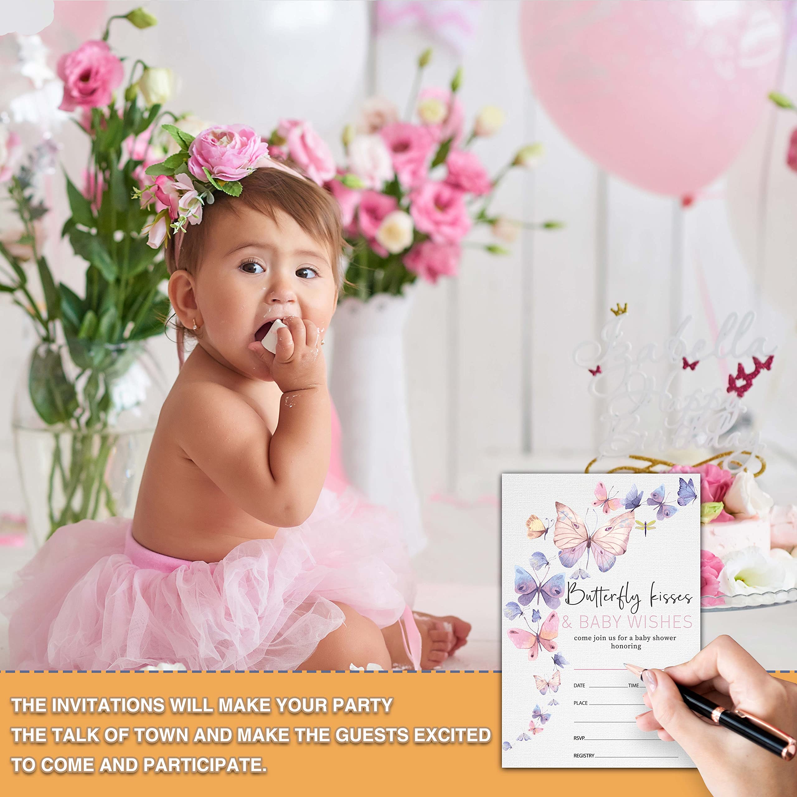 25 Babyparty-Einladungen „Schmetterling Kisses“ – Geschlechtsneutral, Mit Umschlägen