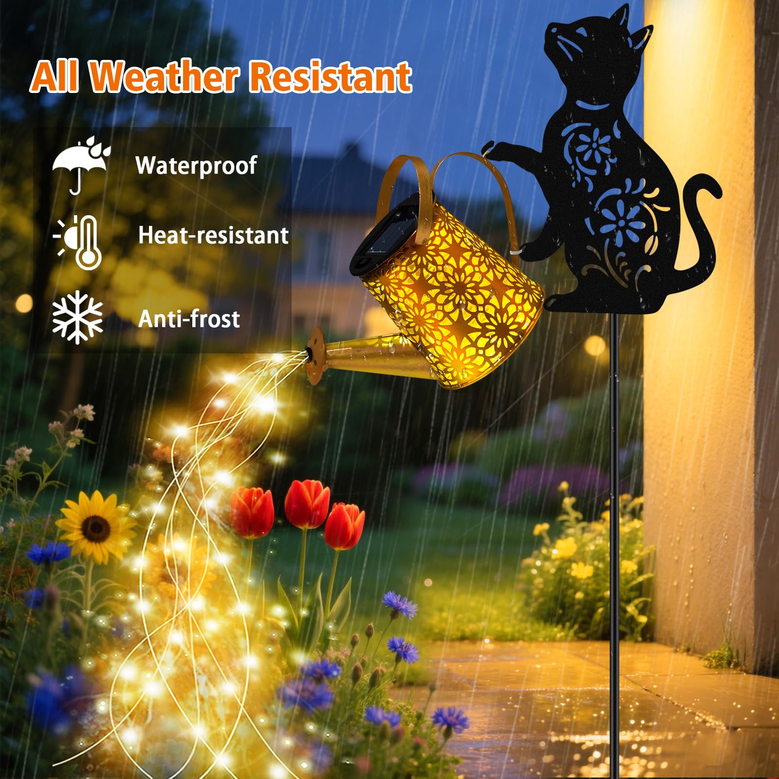 Luces solares para regadera, linterna colgante de gato, luces solares al aire libre, regalos para amantes de los gatos, regalos para mamá, mujeres, cumpleaños, día de la madre, Navidad, decoración de