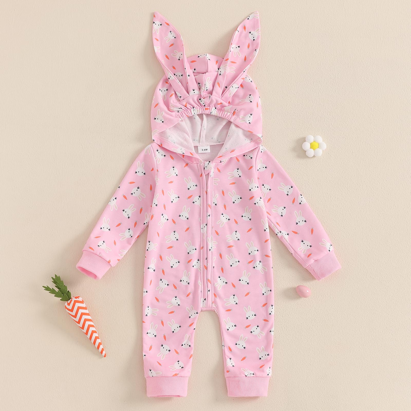 My First Easter Baby Girl Boy Outfit Baby Bunny Romper Long Ear Rabbit Hoodie Romper Jumpsuit Cute Spring Clothes (bunny-Pink, 6-12 Months)