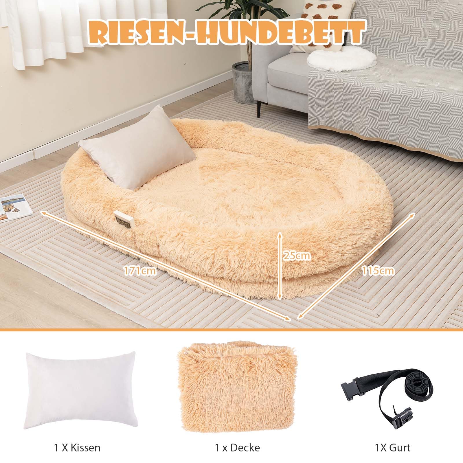 GYMAX Cama Perros Gigante para Personas y Mascotas, Cama Ortopédica Lavable de Piel Sintética para Perros, con Manta Suave, Almohada, Correa y Puf para Siesta para Perros Grandes