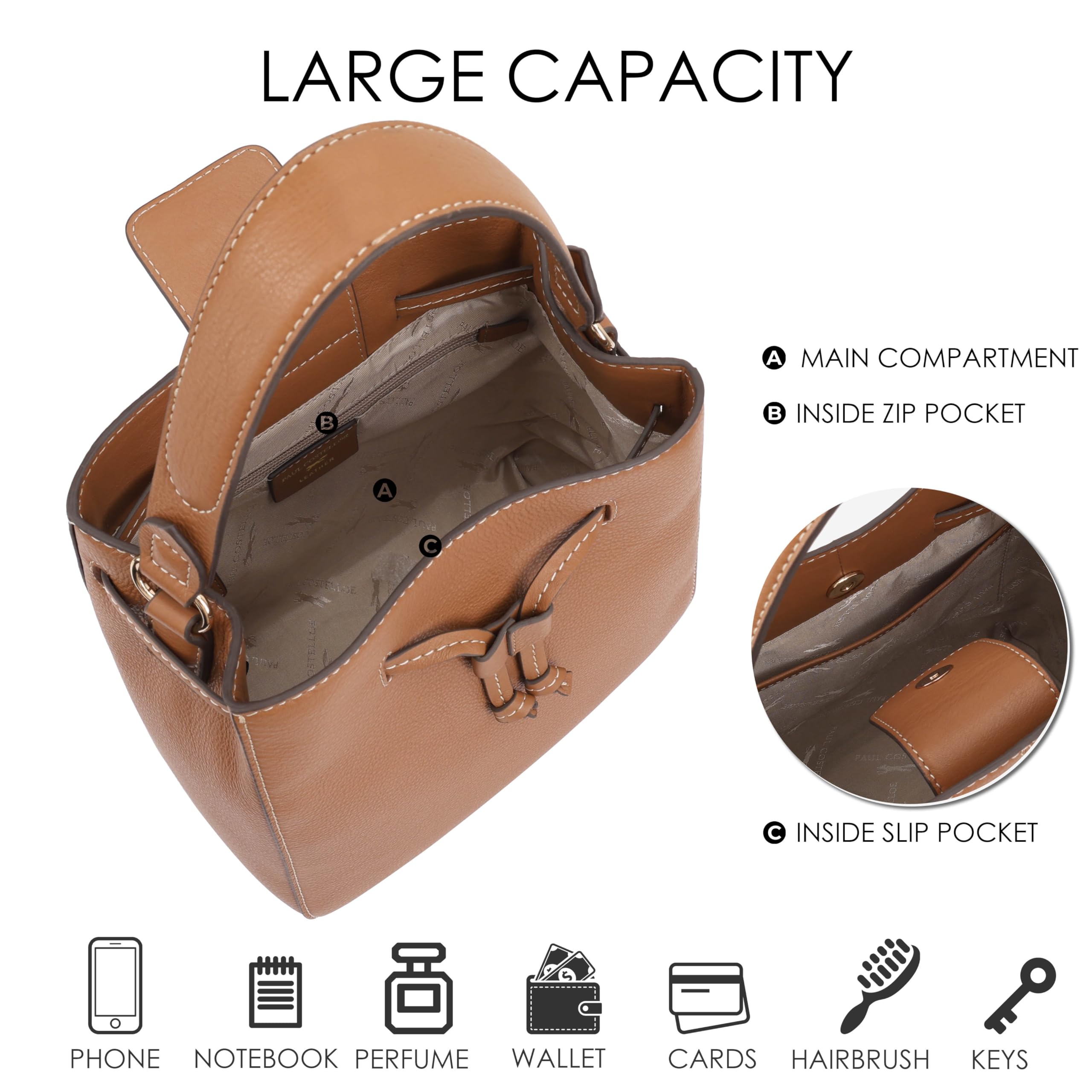 Paul Costelloe Echt Leder Multiway Bag Kordelzugtasche Damen Handtasche Vielseitige Stilvolle Handtasche mit 6 eleganten Farboptionen für jeden Anlass PEACE