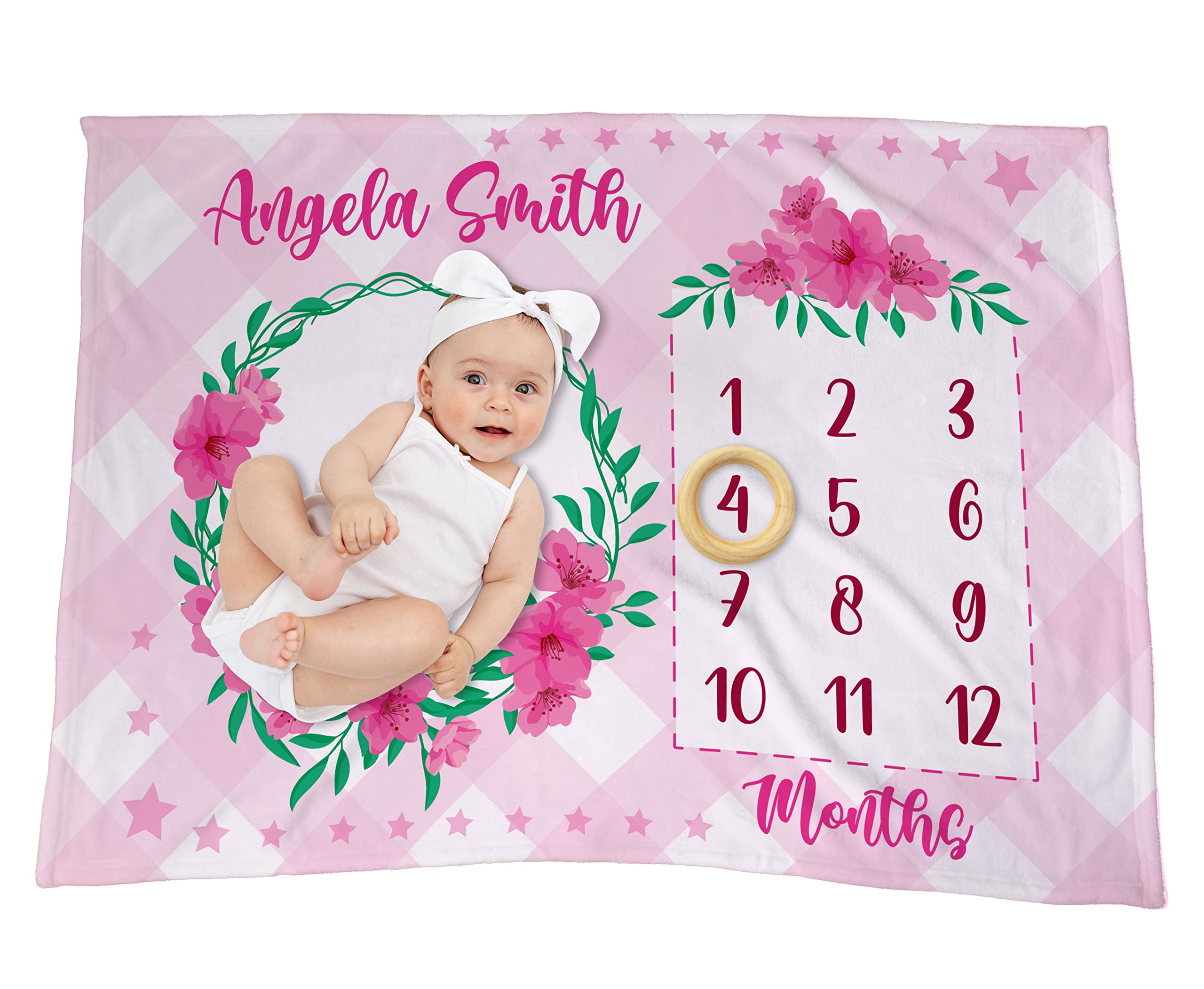 TEEAMORE Custom Baby Monthly Milestone Throw Blanket Floral Wreath Design Add Your Text Baby Girl Age Photo Reveal Months Shower Blanket (50X60)