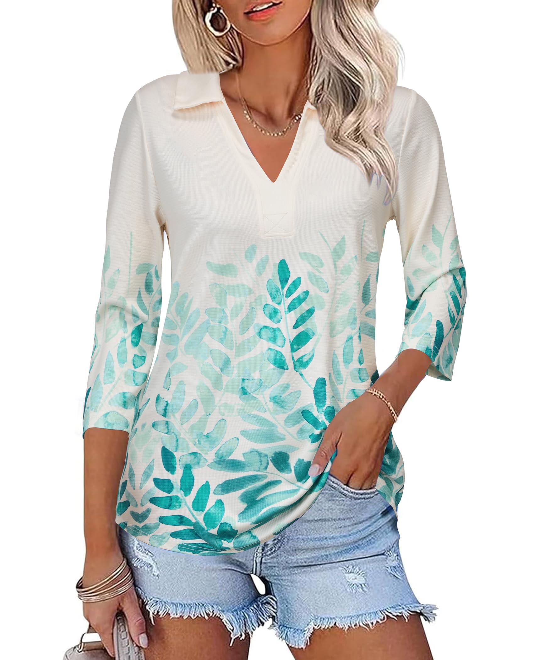 Womens Spring Tunic Tops 2025 3/4 Sleeve Polo Shirts V Neck Collared Tops Business Casual Work Blouses Dressy