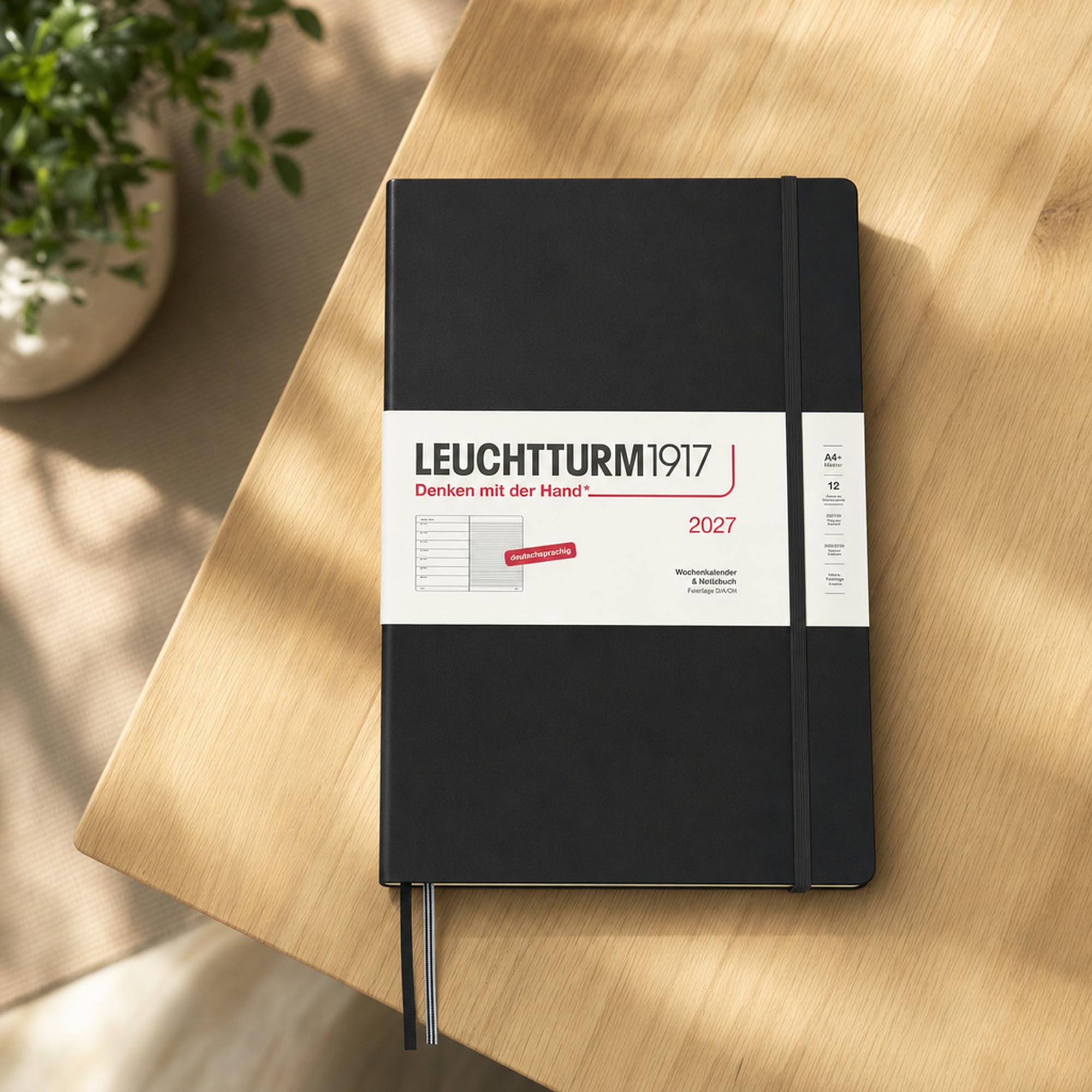 LEUCHTTURM1917 Agenda 2027 A4+ (Master) con cuaderno - Planificador alemán, negro, enero-diciembre 2027, vista semanal a la izquierda + página de notas a la derecha