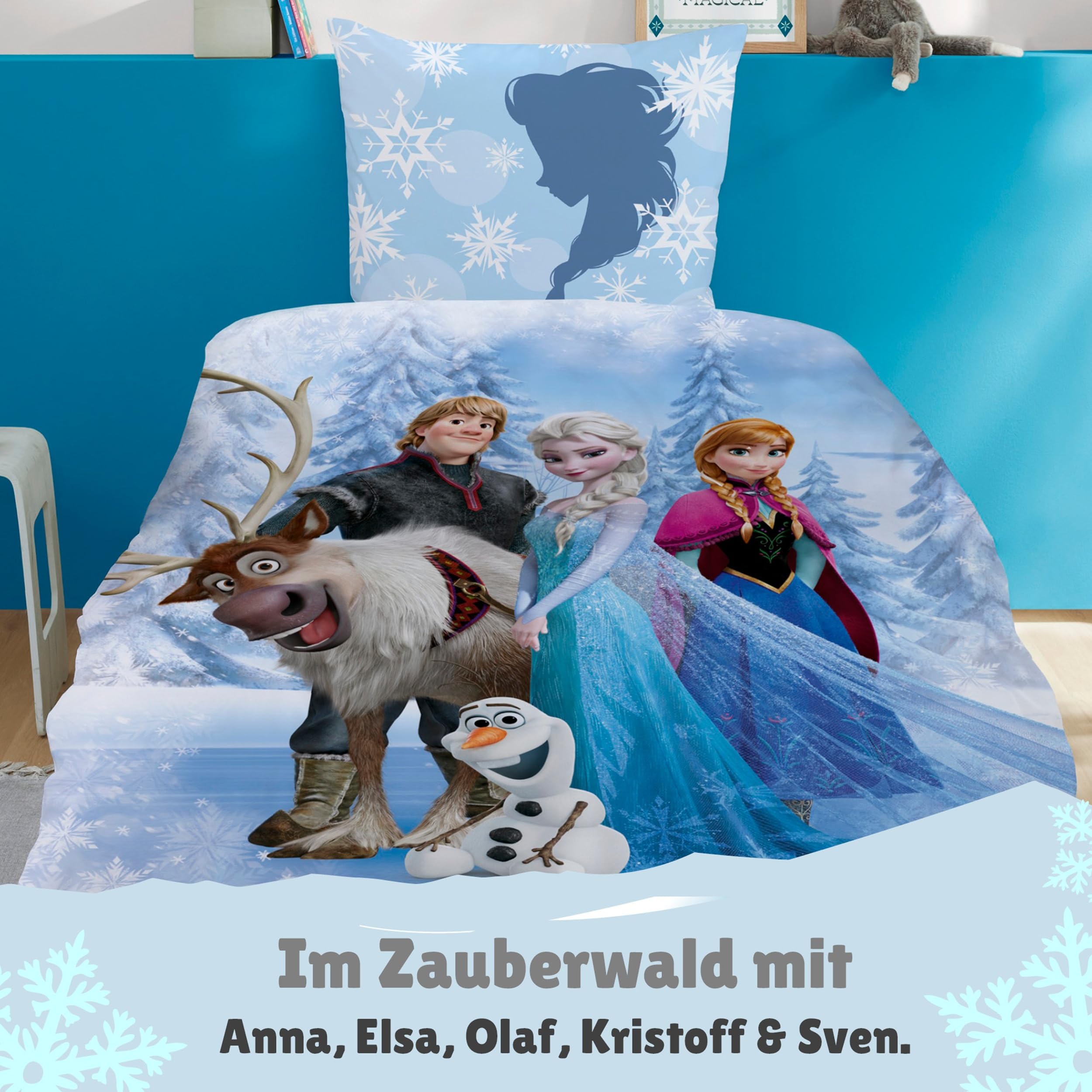 Familando – Frozen Anna, ELSA, Sven & Olaf Bettwäsche-Set (2-teilig) – Decken- & Kissenbezug 135x200 cm & 80x80 cm mit Reißverschluss – Renforcé – Atmungsaktiv & hautfreundlich – Öko-TEX Zertifiziert