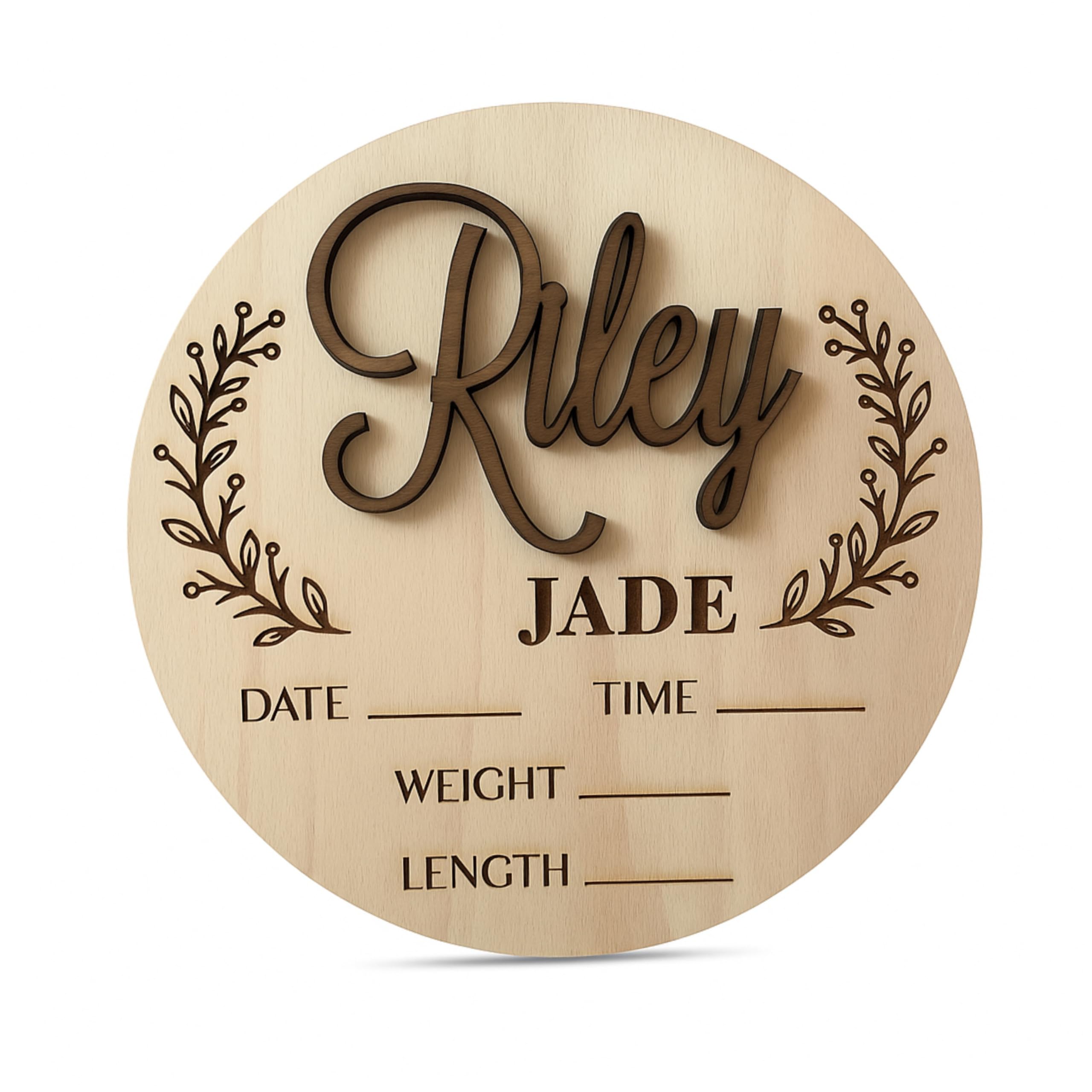 Personalised Baby Announcement Sign with Leaves and Custom Name, Baby Birth Stats, Hospital Baby Sign, Newborn Gift, Wood Sign, Photography Photo Prop, Baby Shower Gift, Gender Reveal (Design 7)