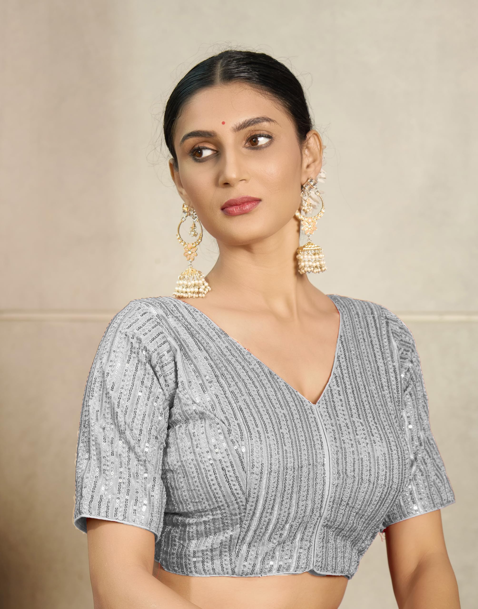 Vihu Fashion Women's Indian Ethnic Wear Designer Silver Sequence With Matching Embroidered Work V Neck Half Sleeve Readymade Padded Saree Blouse Readymade Unique Silver Color Saree Blouse