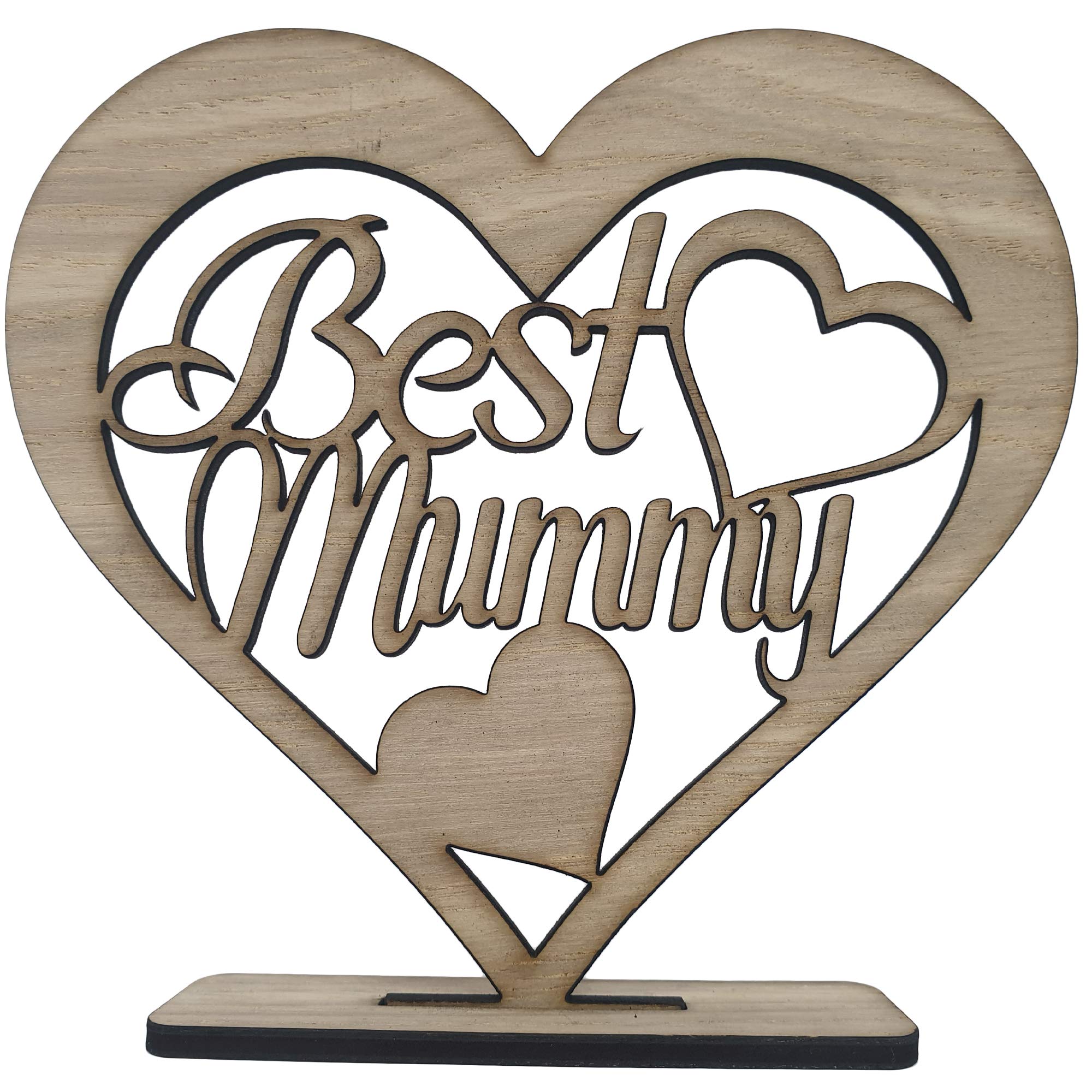 Media Replication Happy Mummy Wooden Heart Plaque Freestanding Love Sign Wood Mirror Home Deco Auntie Grandma Nanny Best Mum (Best Mummy, Oak Veneer)