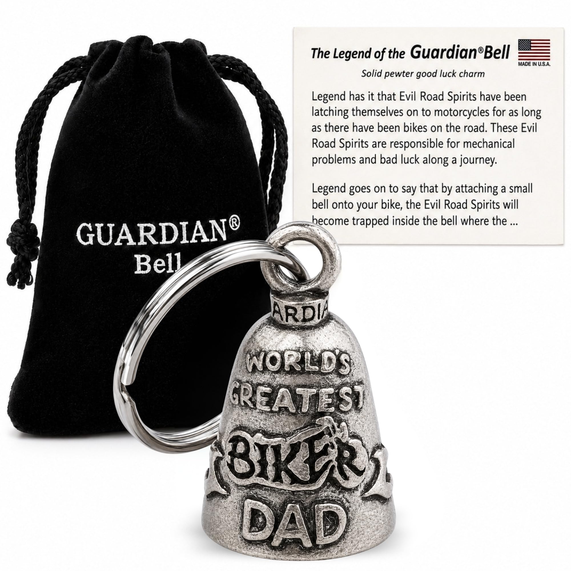 Guardian Bell Good Luck Bell w/Keyring &amp; Black Gift Bag | Motorcycle Bell | Pewter | Good Luck Gift | Bike Bell | Made in USA