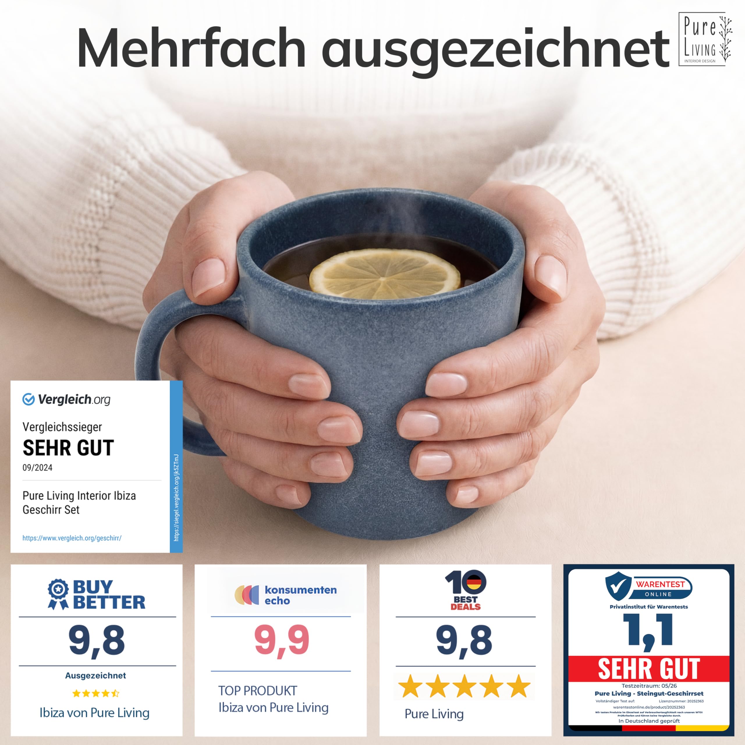 Steingut Kaffeetassen 6 Pers. Hochwertiges Urban Style TEST SEHR GUT Tassen Set, Spülmaschinen-, Mikrowellen- und Kratzfest- Stylisches Tee- und Kaffeebecher Set- Pure Living in matt Blau