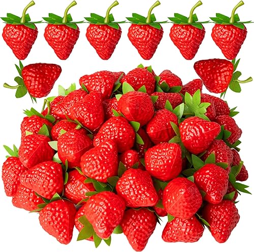 40 fresas de plástico falsas, fresas rojas artificiales realistas con tallo y hoja verdes para decoración del hogar, cocina, fiesta, fotografía,
