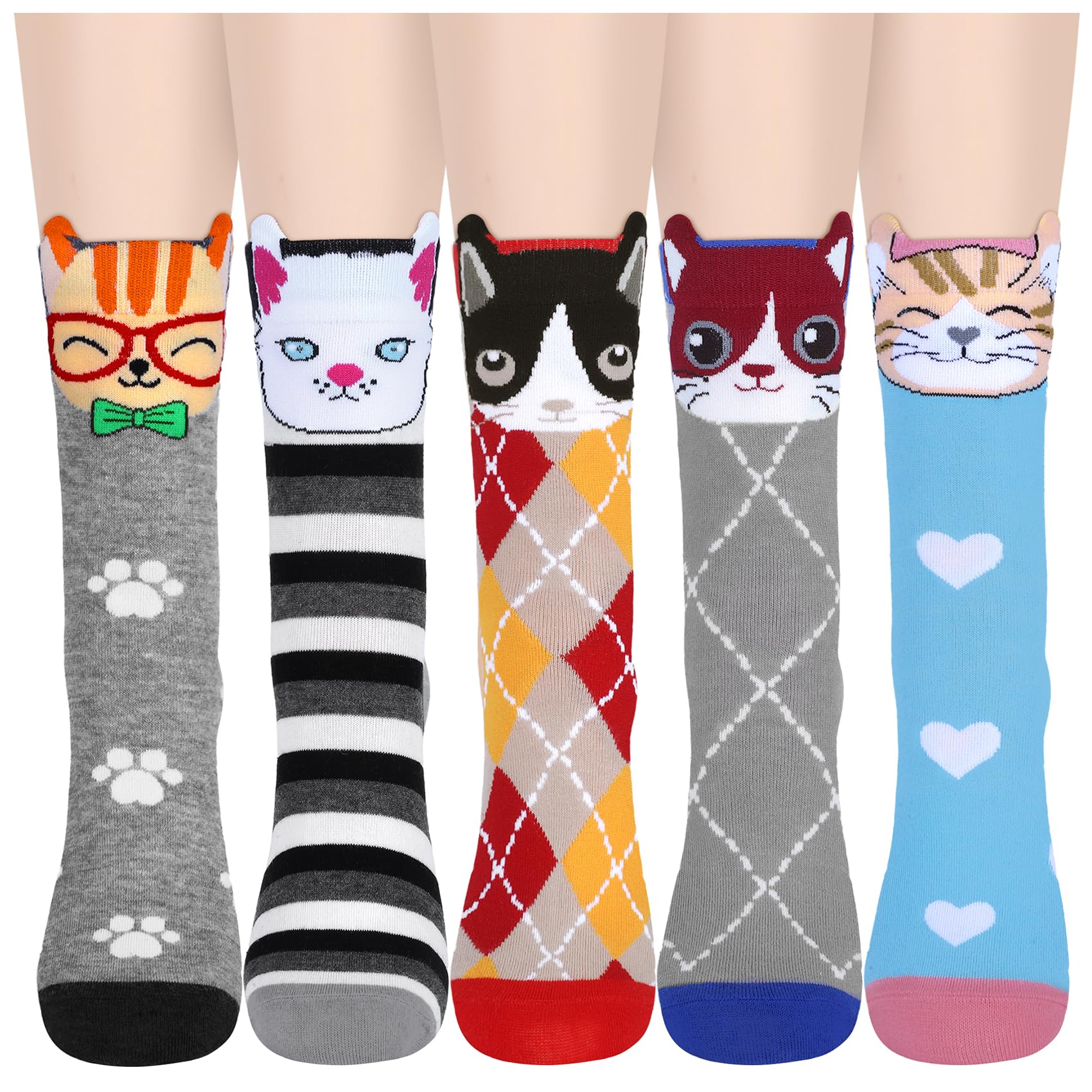 YSense 5 Pairs Womens Cute Animal Socks - Dog, Cat, Novelty, Cartoon, Cotton, Casual Crew, Funny Socks Gifts