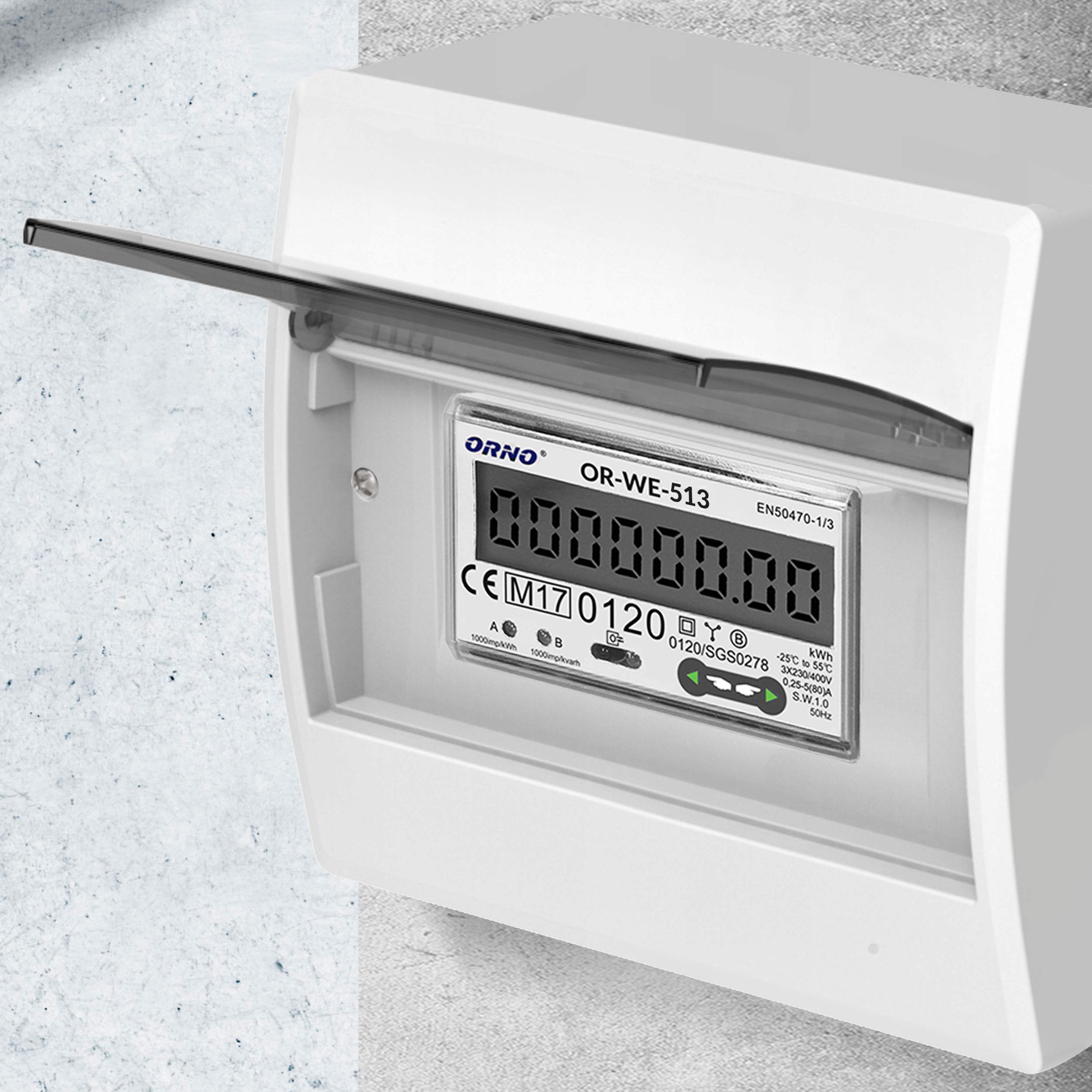 ORNO OR-WE-513 Stromzähler Hutschiene 3-Phasen-Anzeige des Stromverbrauchs mit MID Zertifikat, 0,25A – 80A, 3 x 230V/400V~, 50/60Hz, 1000 imp/kWh
