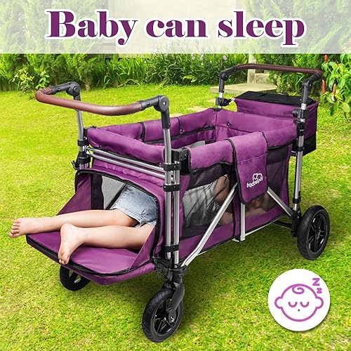 Miniatura 5 de Carro multifunción para 2 niños (color morado) todo terreno con fácil empujar y tirar, asientos altos cara a cara, plegable seguro para