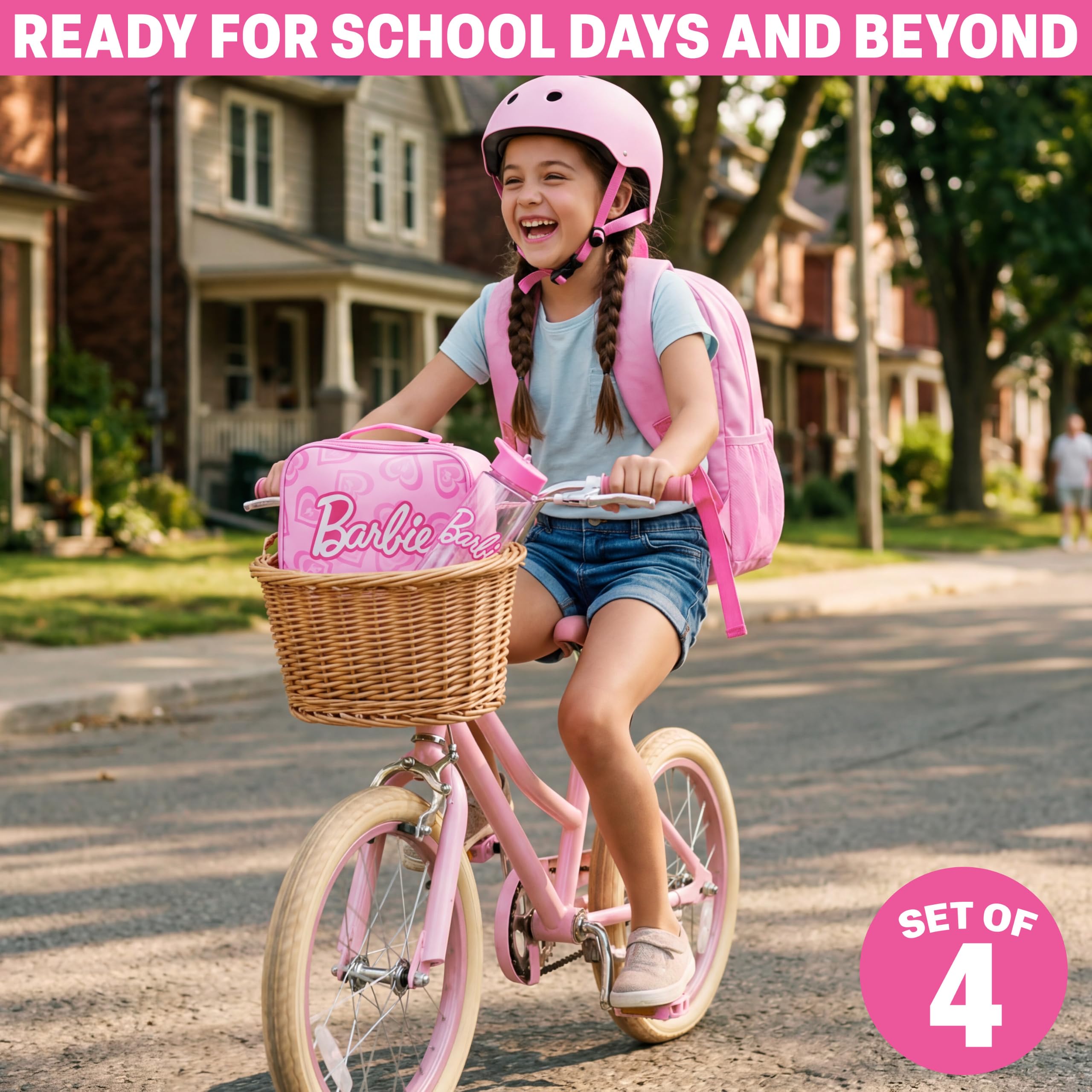 Get Trend Barbie Sac a Dos Fille Set, 4 Pcs Cartable Enfant, Trousse Scolaire, Sac Isotherme Repas et 500ml sans BPA Gourde avec Paille (Rose Barbie)