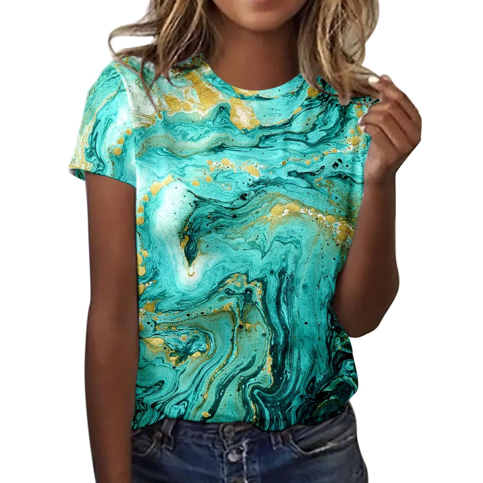 CGGMVCG Graphic Tees for Women Marble Print Crewneck Tops Short Sleeve Round Neck T Shirts for Women (Z01 Green, XL)