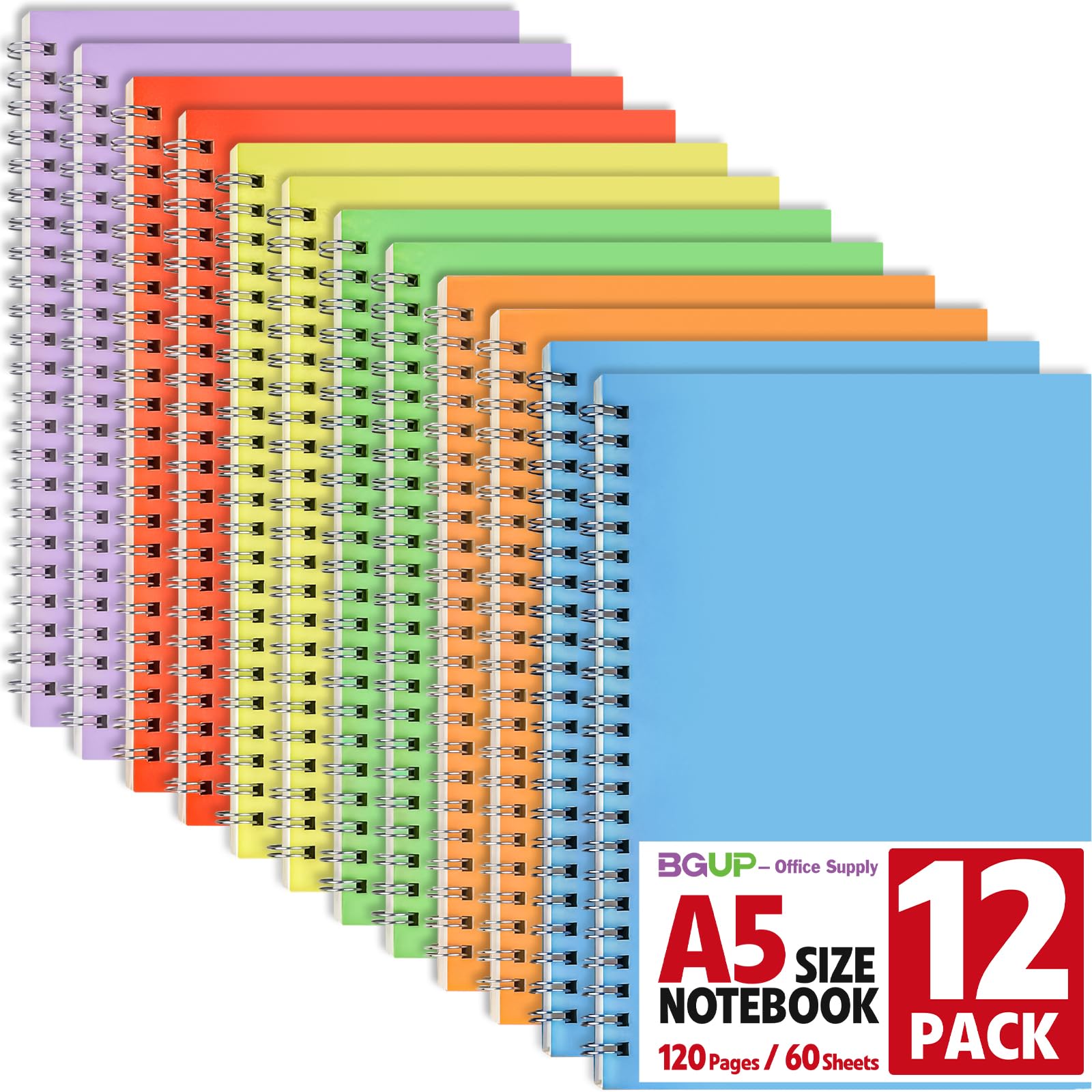 Confezione da 12 quaderni a spirale a righe, 120 pagine, formato A5 (14,7 x 20,8 cm), a righe, con copertina rigida, per lavoro, prendere appunti, 6 colori macaron