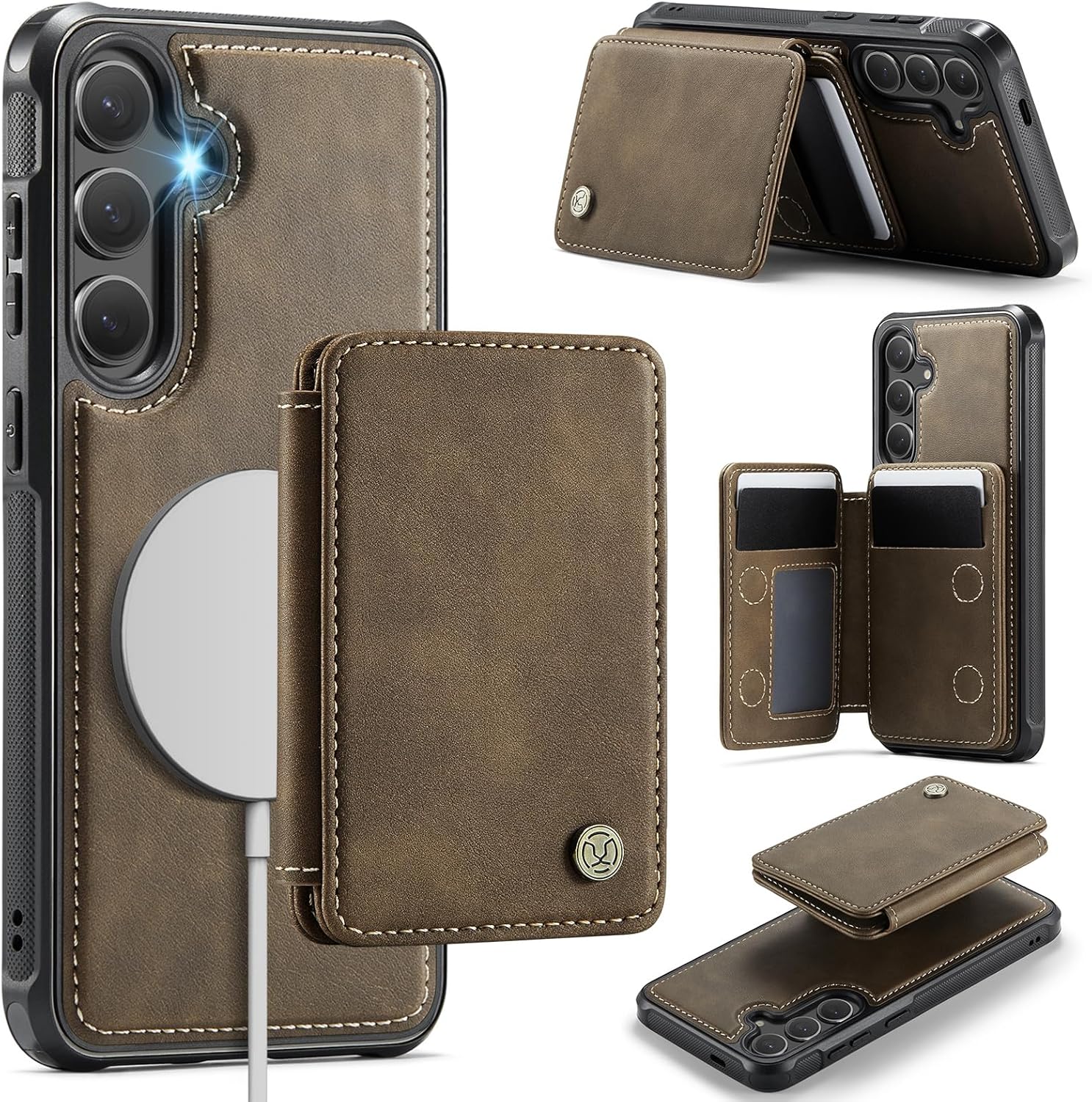 Compatible with Magsafe for Samsung Galaxy S25 Wallet Case Magnetic Card Holder, RFID Blocking 2 in 1 Detachable Kickstand Shockproof Case for Women Men, Brown