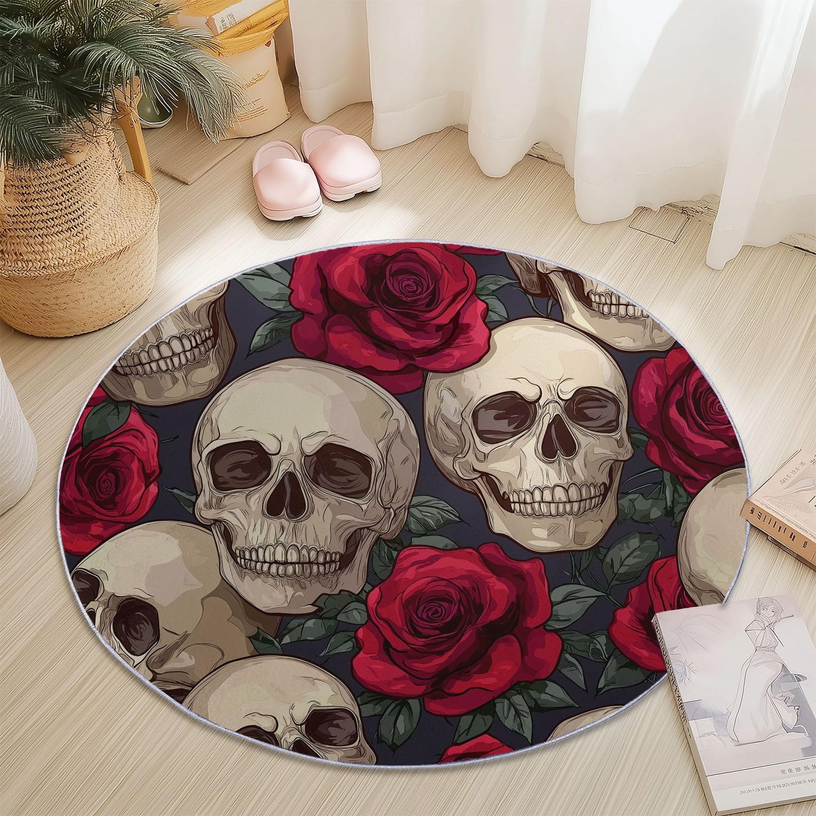 Round Rugs for Living Room 210 cm, Vintage Skull Rose Soft Carpet Anti-Skid Large Luxury Crawling, Rug Machine Washable Indoor Circle Floor Mat for Bedroom Bathroom Hallway Home Decor, Beige Red โ image 1