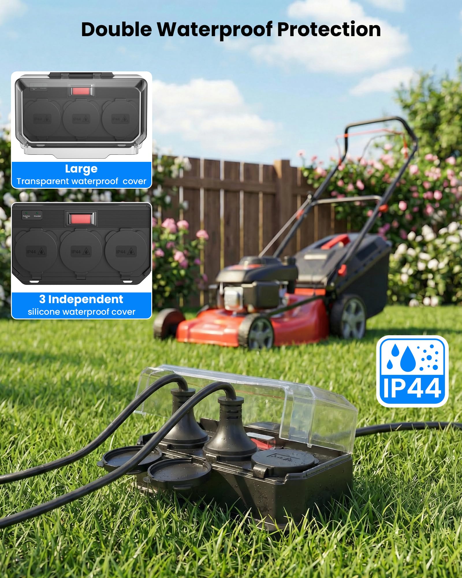 Regleta Enchufes Exterior IP44 Impermeable,Regletas Proteccion Sobretension con Interruptor 16A Sobrecarga,Base Enchufe Múltiple Pared,Exteriores Ladron 3 Tomas con Tapas,Alargador H07RN-F 1,5M,Negro — view 3