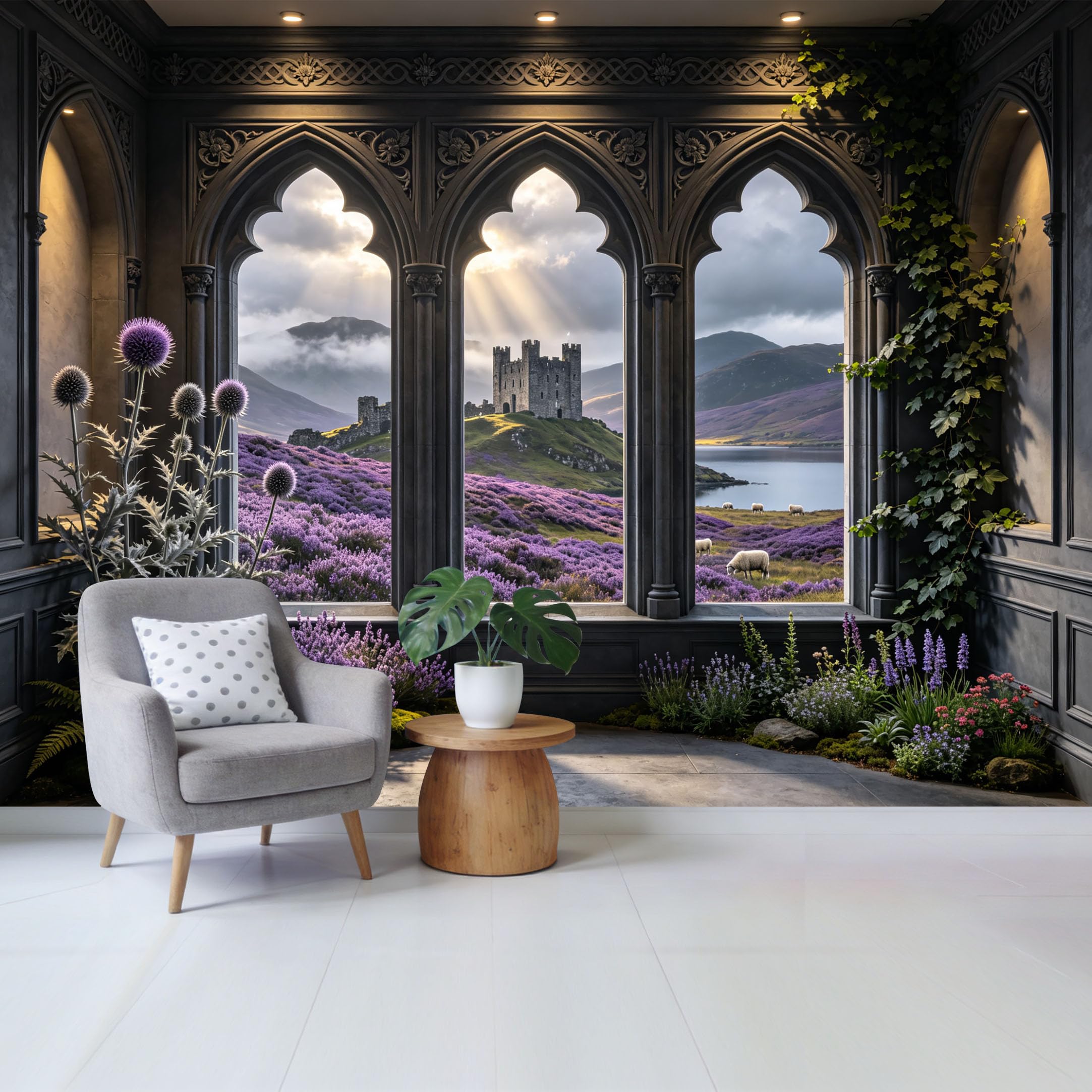 Removable Self Adhesive Fabric Mural， Highland Castle Lake View Custom Size Wall Covering， UV Protected Waterproof Washable Wall Decor for Living Room Bedroom Bathroom