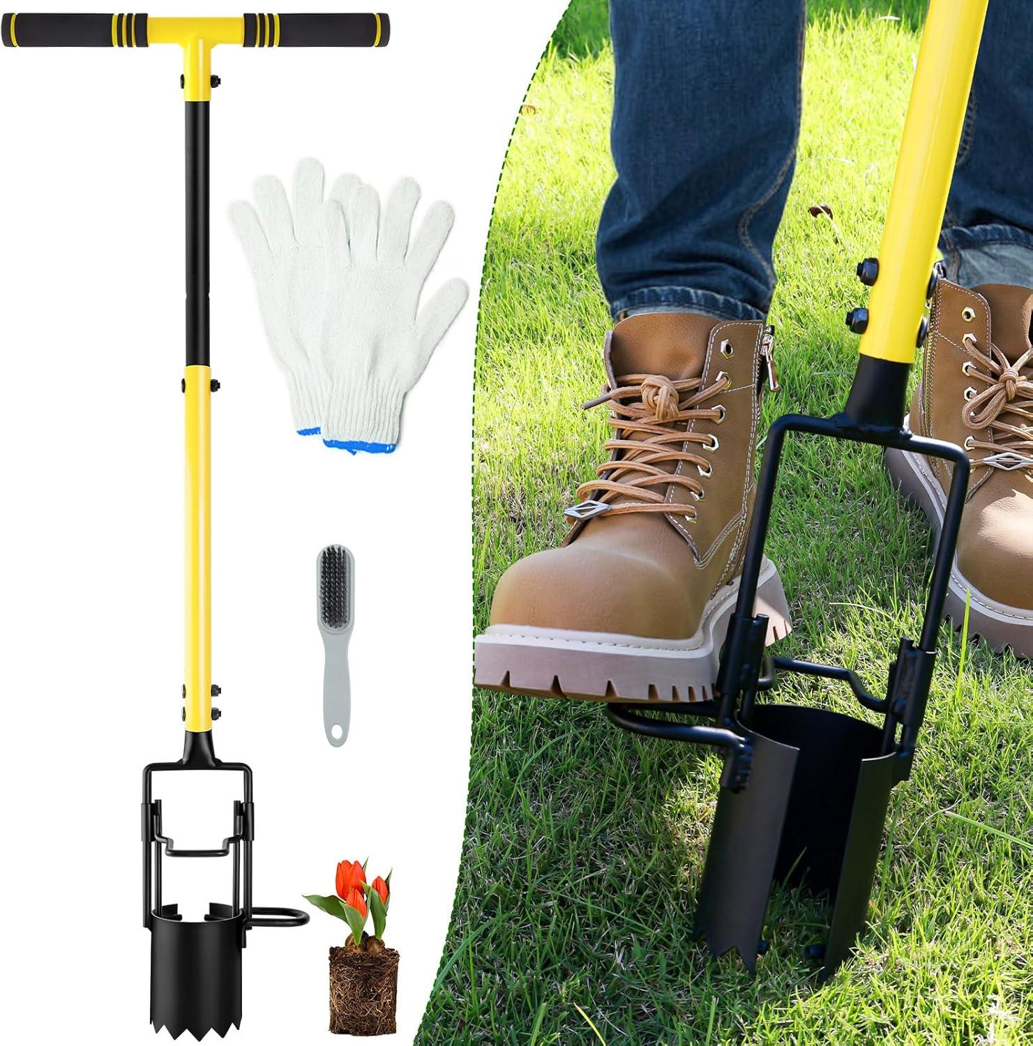 Bulb Planter Tool Long Handle, Plant Hole Digger with Soft Grip and Serrated Base, Heavy Duty 5-in-1 Sod Lawn Grass Plugger Tool Planting Digger Garden Transplanter for Tulips Iris Flower 43 inch