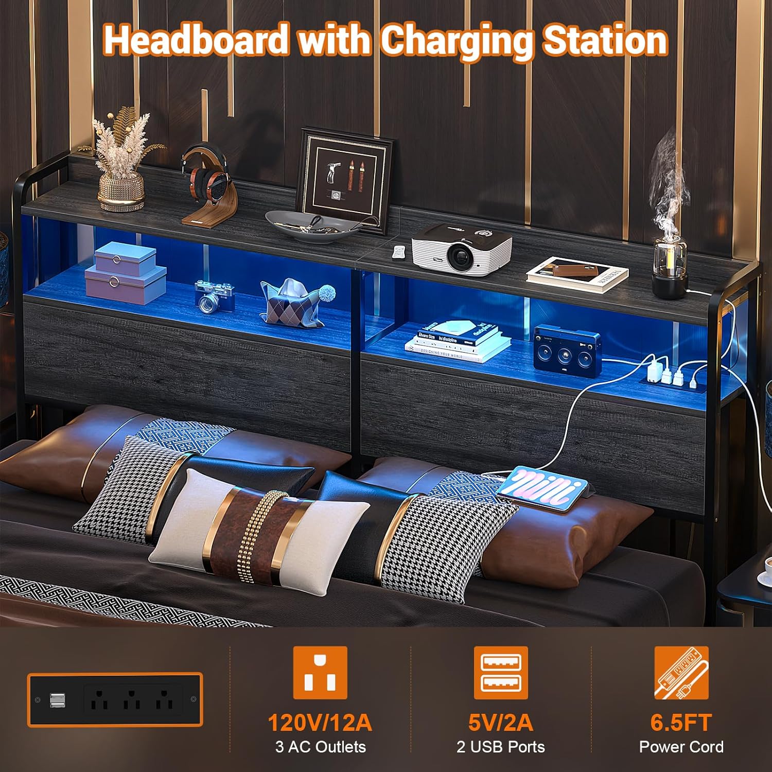Close-up of the Aheaplus headboard's charging station with 3 AC outlets and 2 USB ports, and LED lights illuminating the storage shelf.