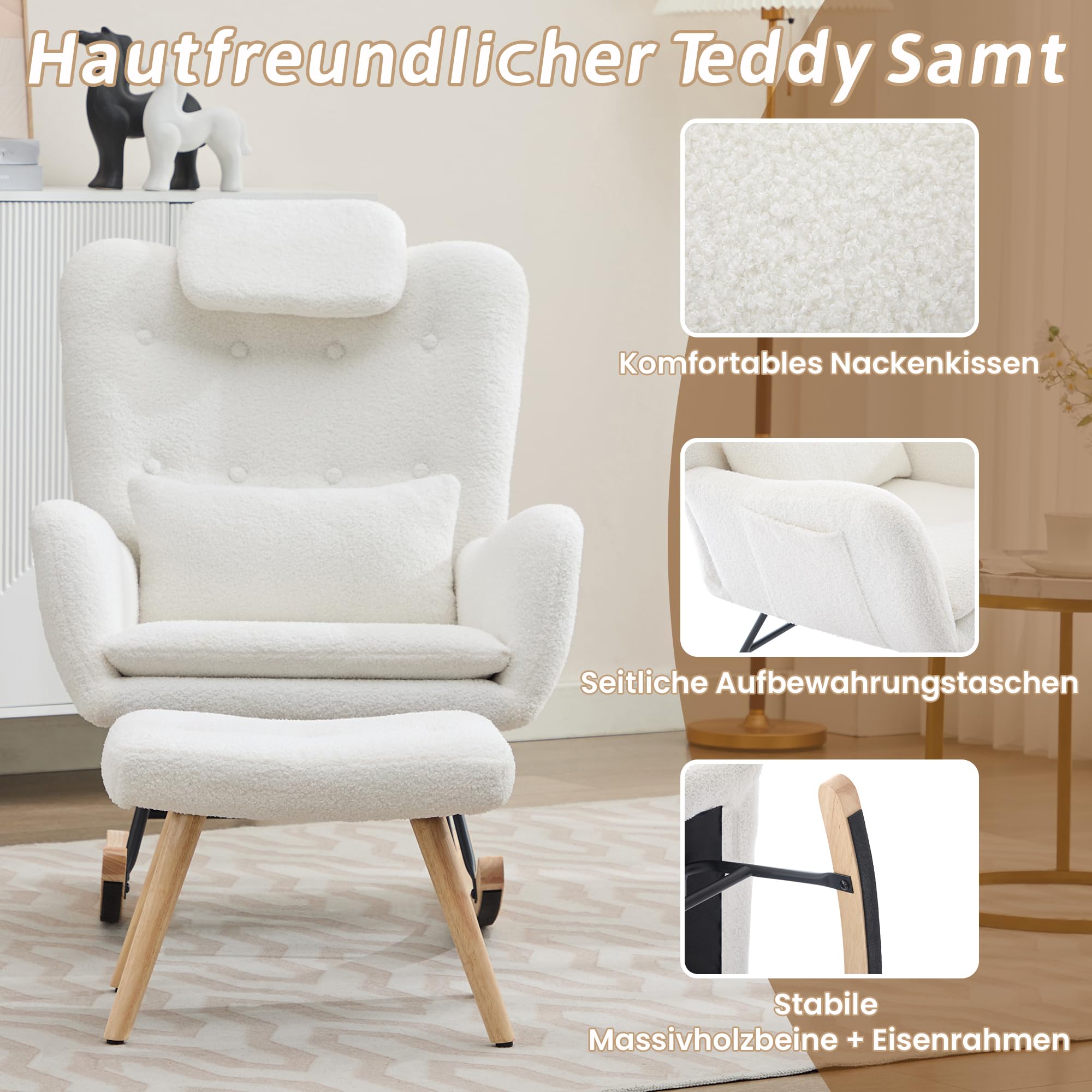 Merax Fauteuil à bascule avec tabouret - Chaise relax ergonomique en velours Teddy avec accoudoirs, coussins de nuque et lombaires - Pieds en bois - Charge maximale : 100 kg - Pour chambre à coucher
