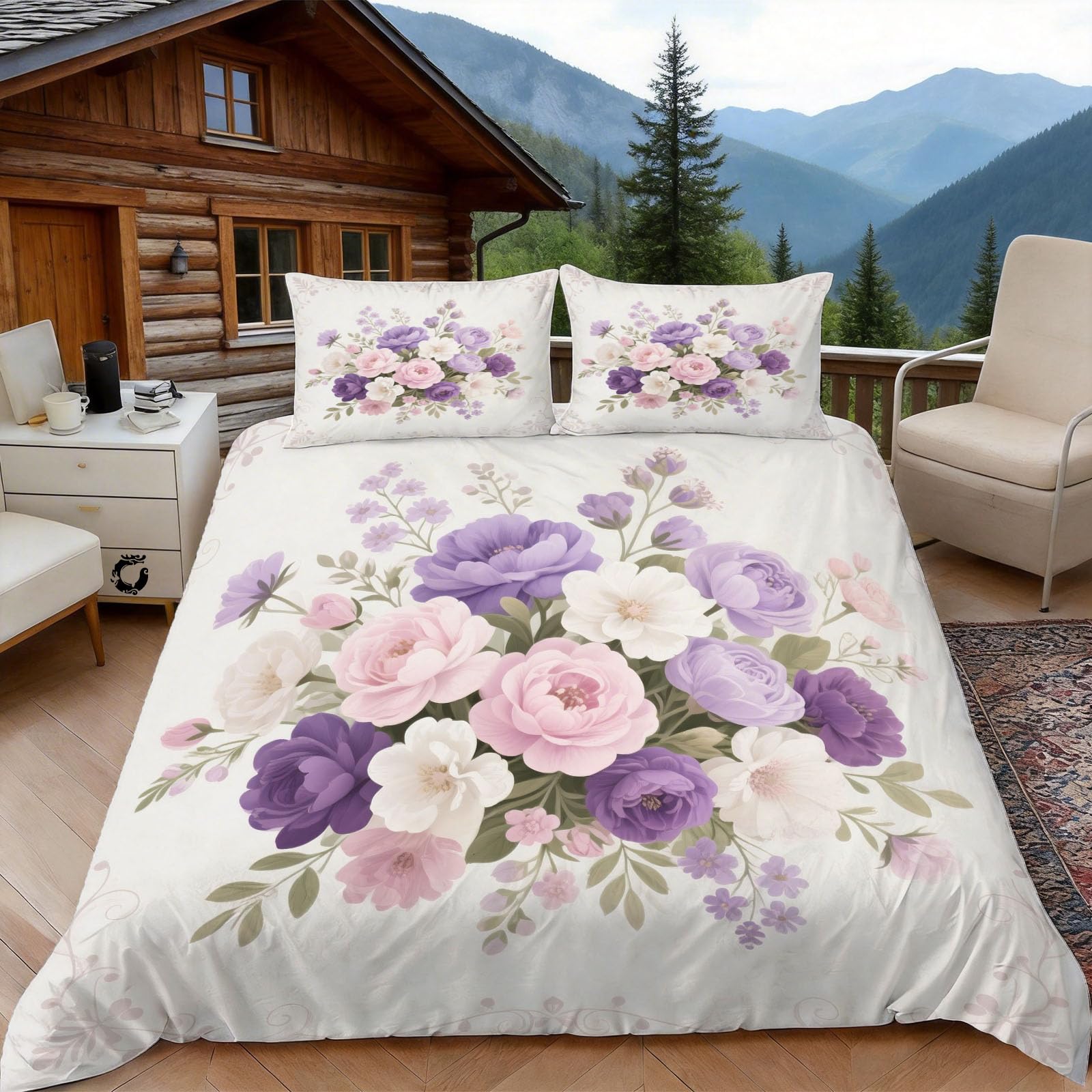 Housse de couette 220x240 imprimé fleur pour lit 2 personnes