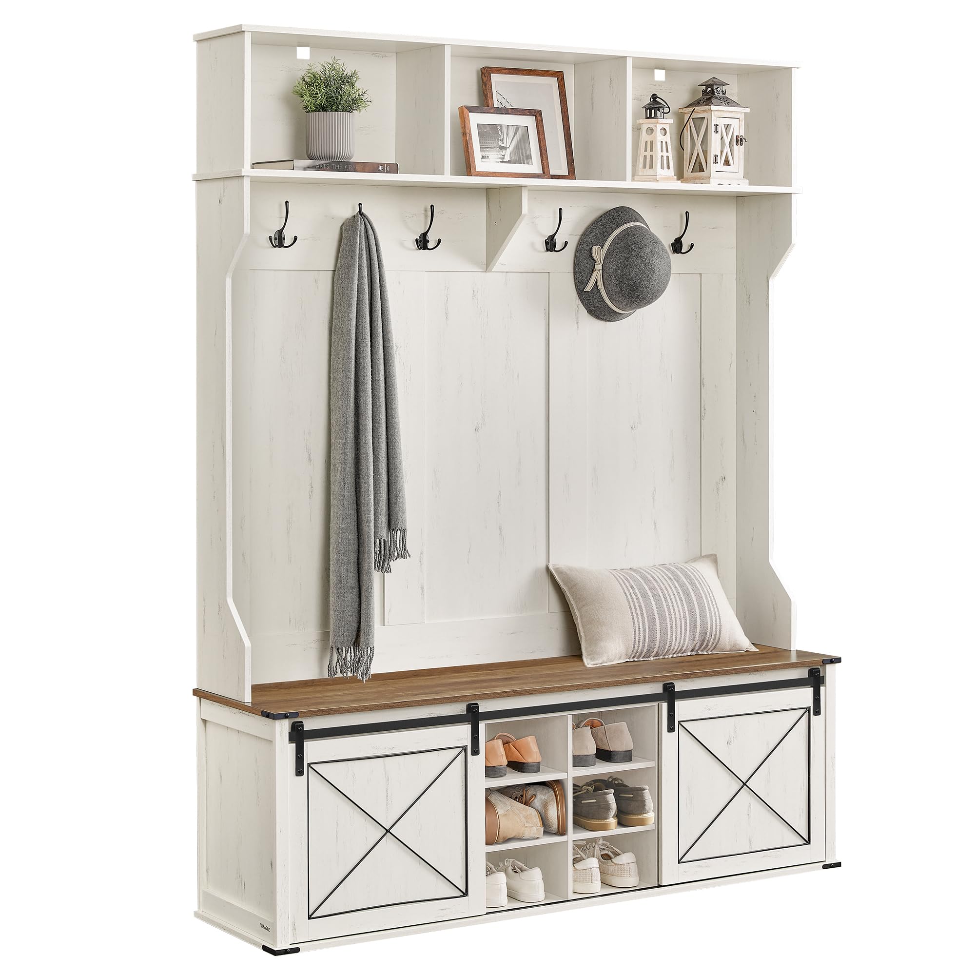 VASAGLE Hall Tree with Bench and Shoe Storage, Coat Rack with Shoe Bench, Entryway Furniture, 6 Tri-Hooks, Sliding Door, Farmhouse Style, Space Saving, Rustic White and Honey Brown UHSR443W0