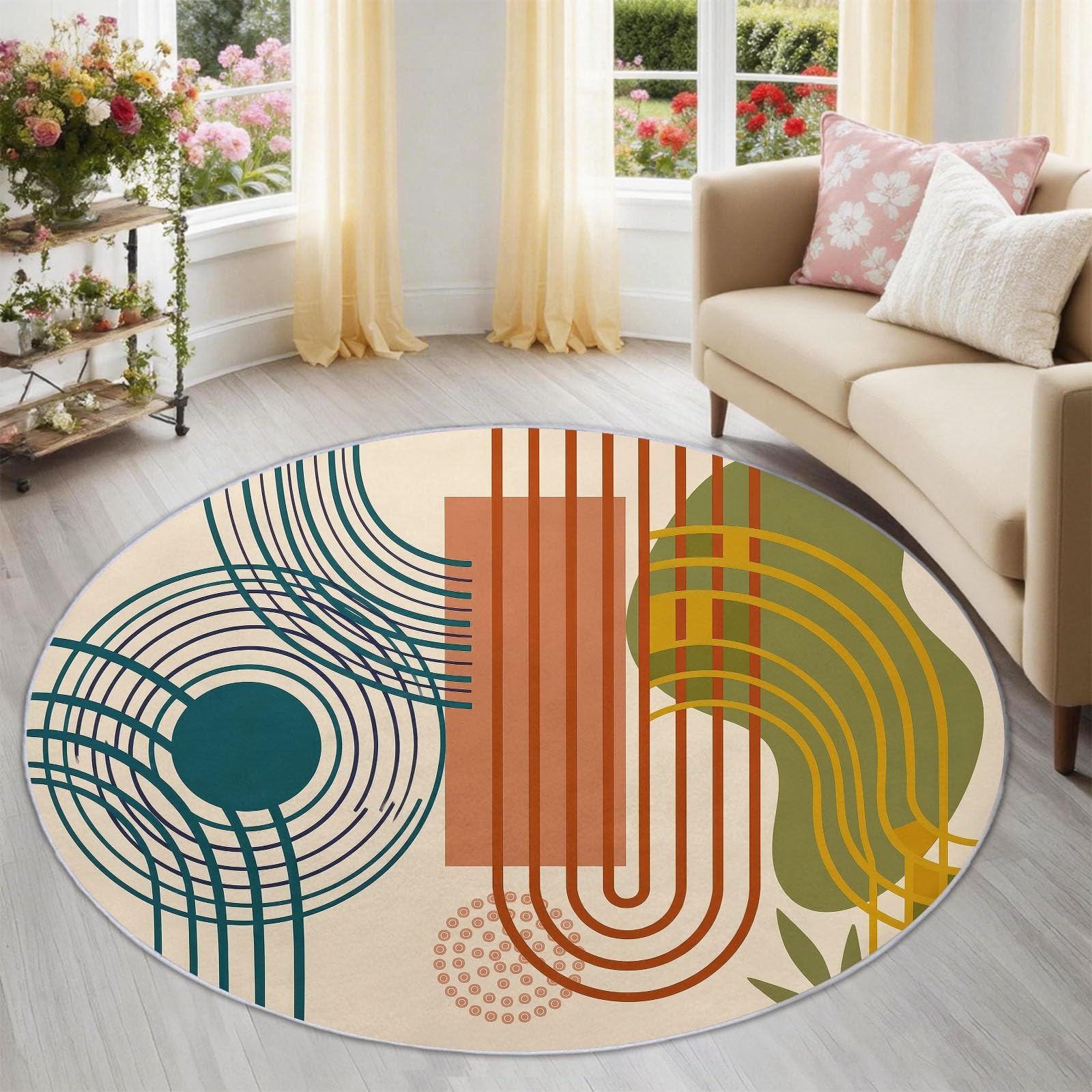 Teppich Rund Schlafzimmer 140 cm, Vintage Creme und Terrakotta rutschfest Waschbare Rund Teppiche mit Mid-Century-Bogenlinien Muster für Kinderzimmer Korridor, Kurzflor Pflegeleichte Matte