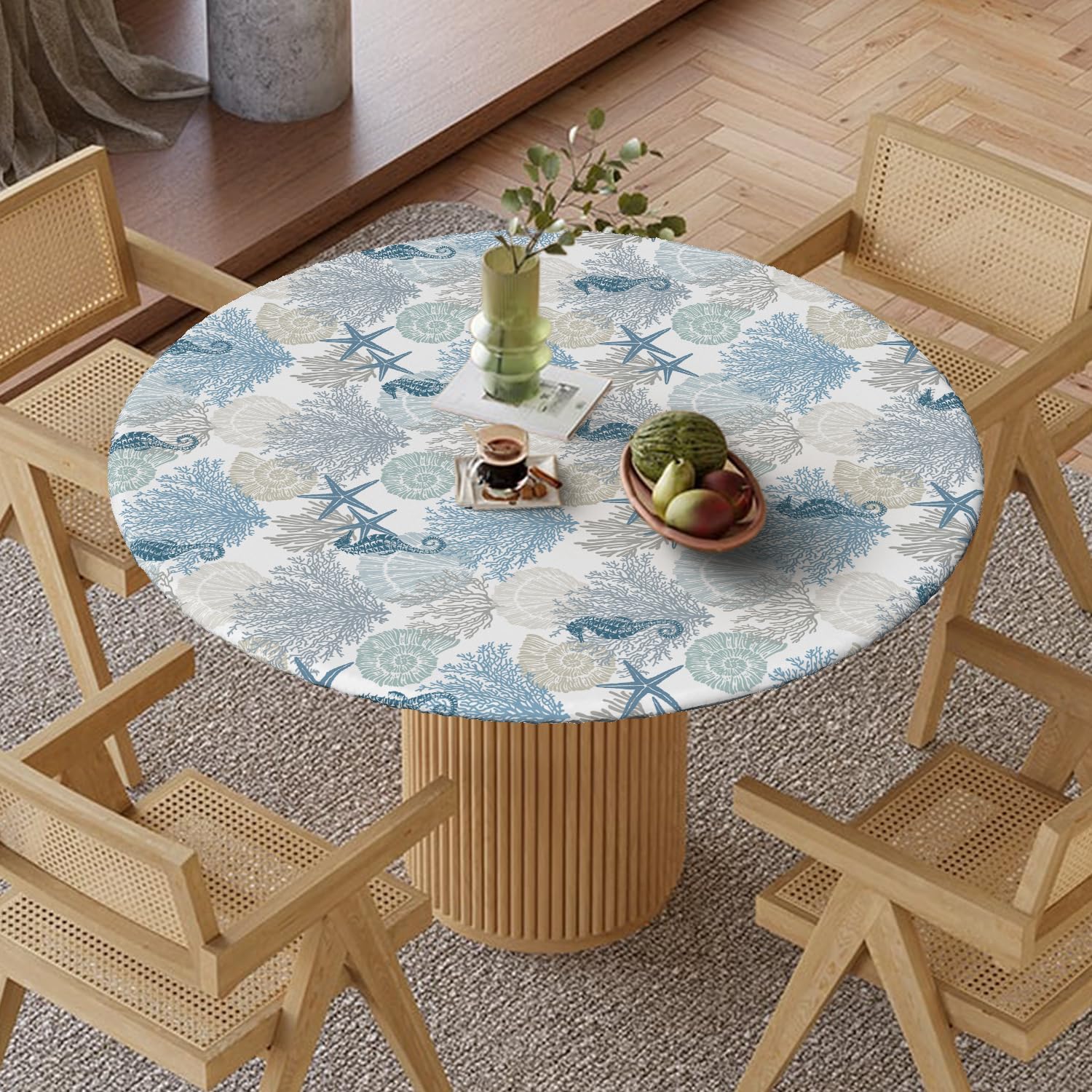 Horaldaily Summer Fitted Tablecloth 60 Inch Round, Ocean Seashells Starfish Seahorse Coral Washable Table Cover Elastic Edged for Dinning, Picnic, Camping, Banquet