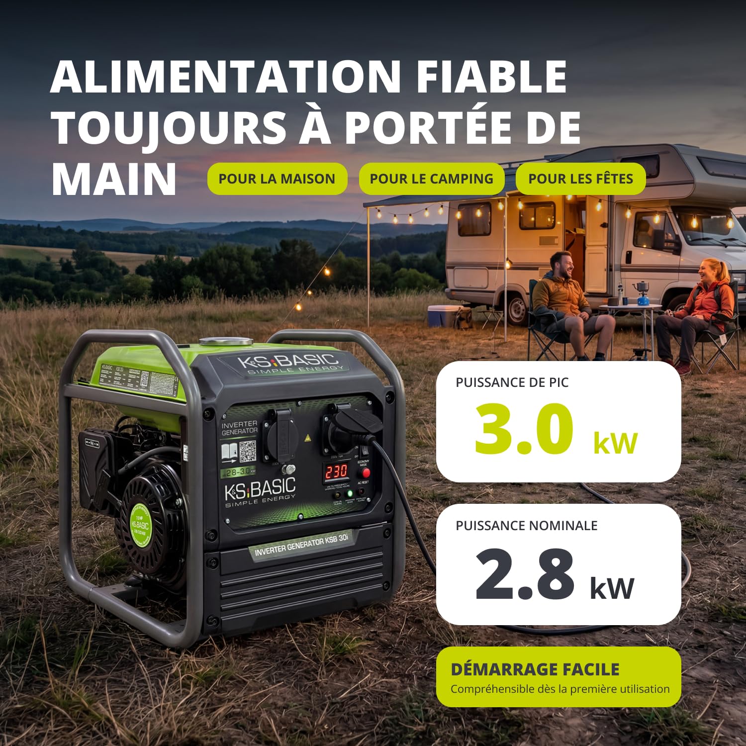K&S Basic 30i Générateur onduleur 2800 W, 3000 W maximum, générateur de secours compact à essence, onde sinusoïdale pure, générateur de courant avec mode éco, pour la maison, le camping et les travaux