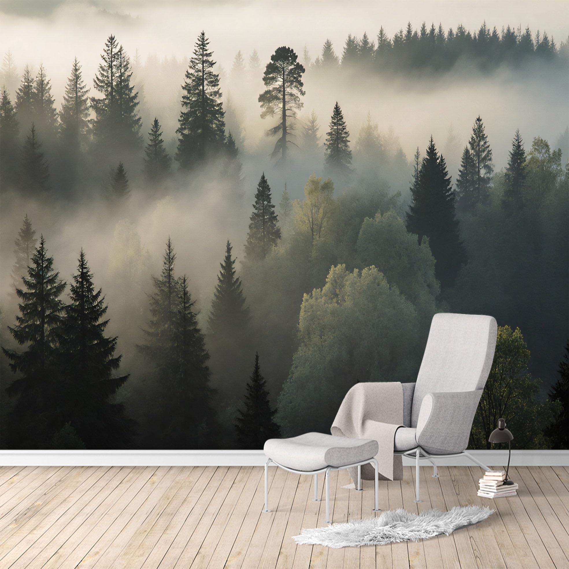 Custom Size Wall Murals,Misty Pine Forest Morning Fog Landscape Nature Scenery,SelfAdhesive Water Activated Removable Wall Covering,Large Photo Wallpaper for Living Room Bedroom Office