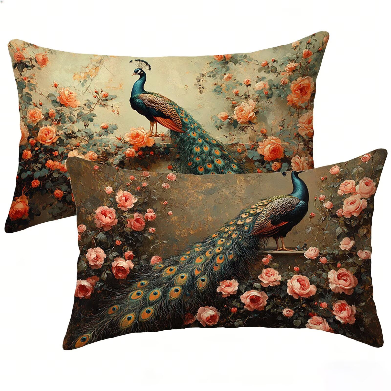 Lin taie d'oreiller 50x70 cm decoration canape et exterieur motif paon de luxe