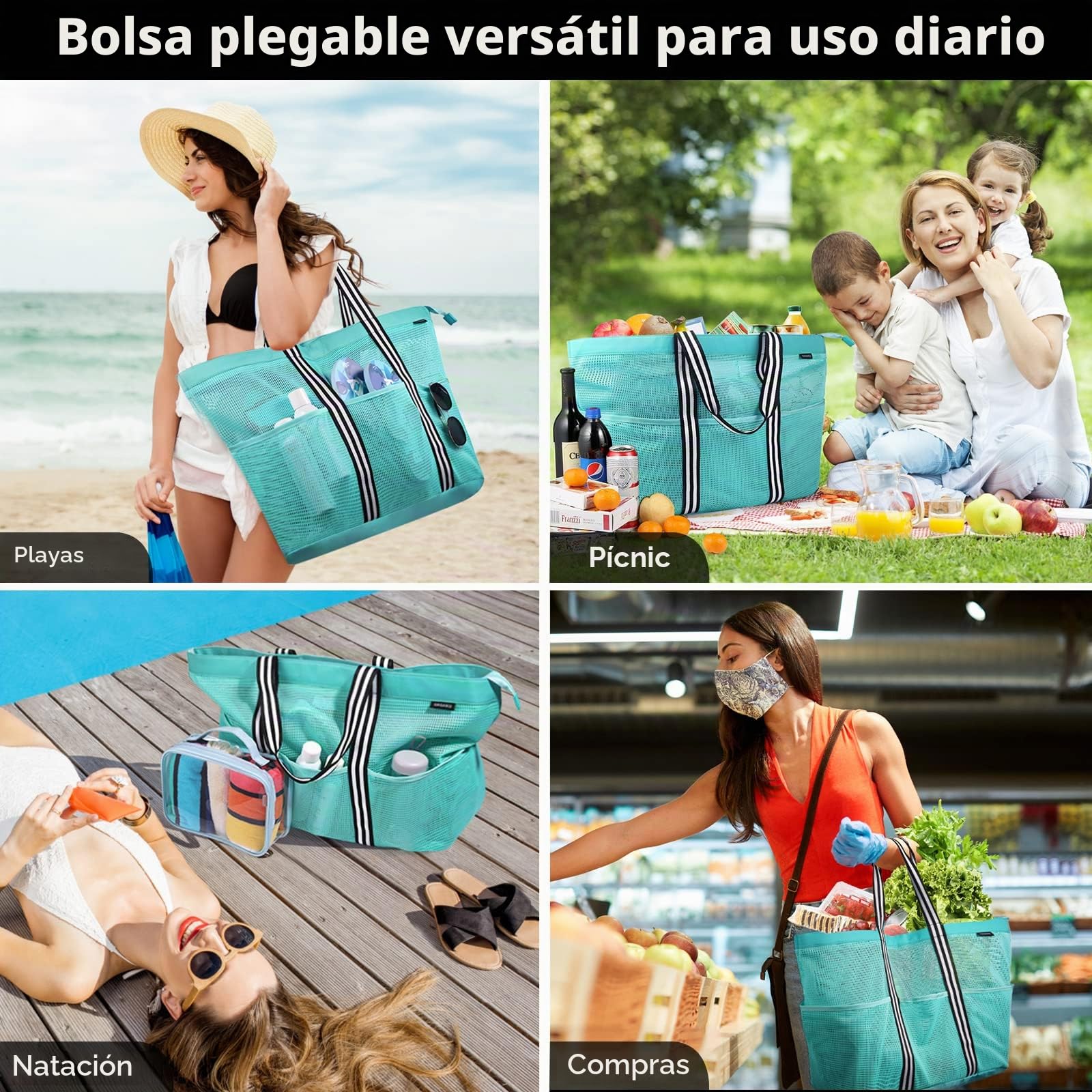 GAGAKU Bolsa de playa XXL/3XL con compartimento frigorífico, impermeable, con cremallera, plegable, grande, para familia, mujer, piscina, viajes