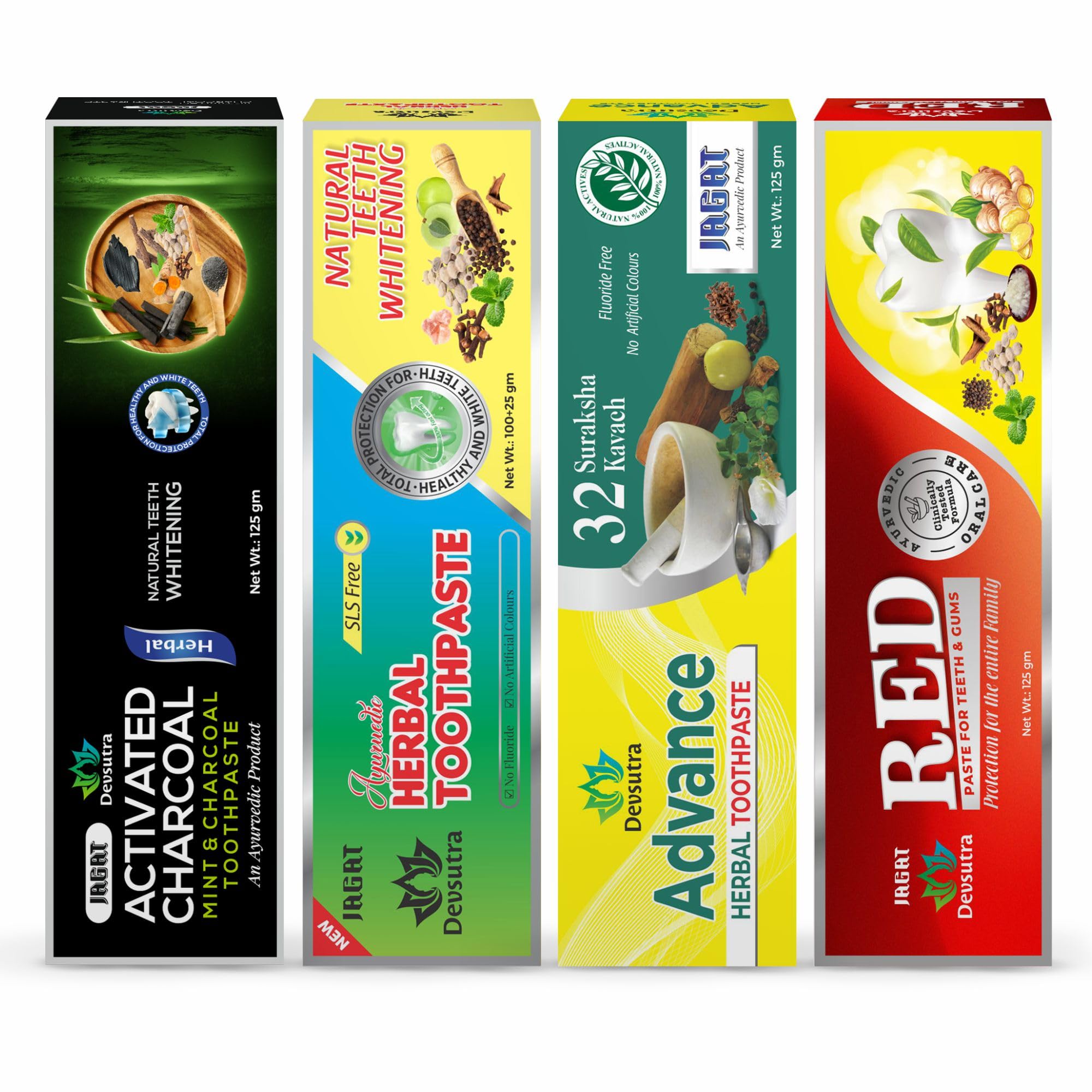 Jagat Devsutra Ayurvedic Charcoal + Herbal Mint + Advance + Red Toothpaste Combo Pack Offer - 100% Natural Teeth Whitening Formula with No Fluoride & No Artificial Colours - Pack of 4 (125g X 4)-image-25