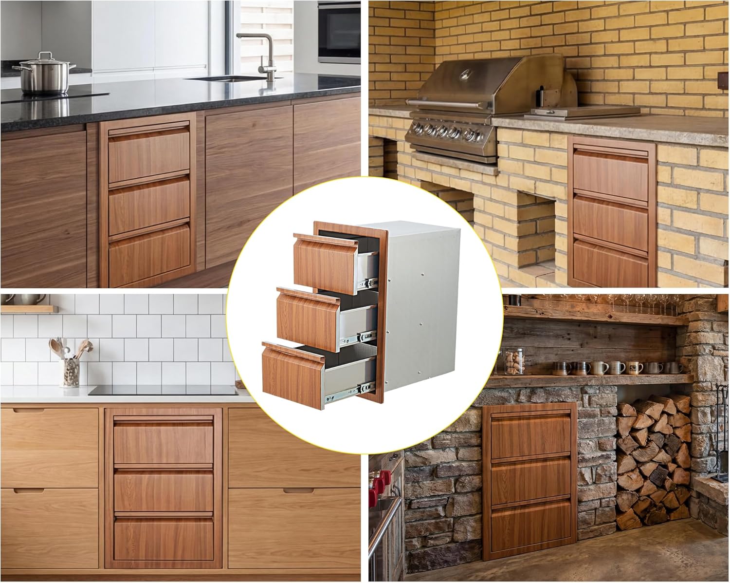 GAOMON Outdoor Kitchen Drawers 14" W x 24" H x 18" D Flush Mount Triple Blue-Grey Drawers, Stainless Steel Drawer for Outdoor Kitchen Island, Patio Grill Station